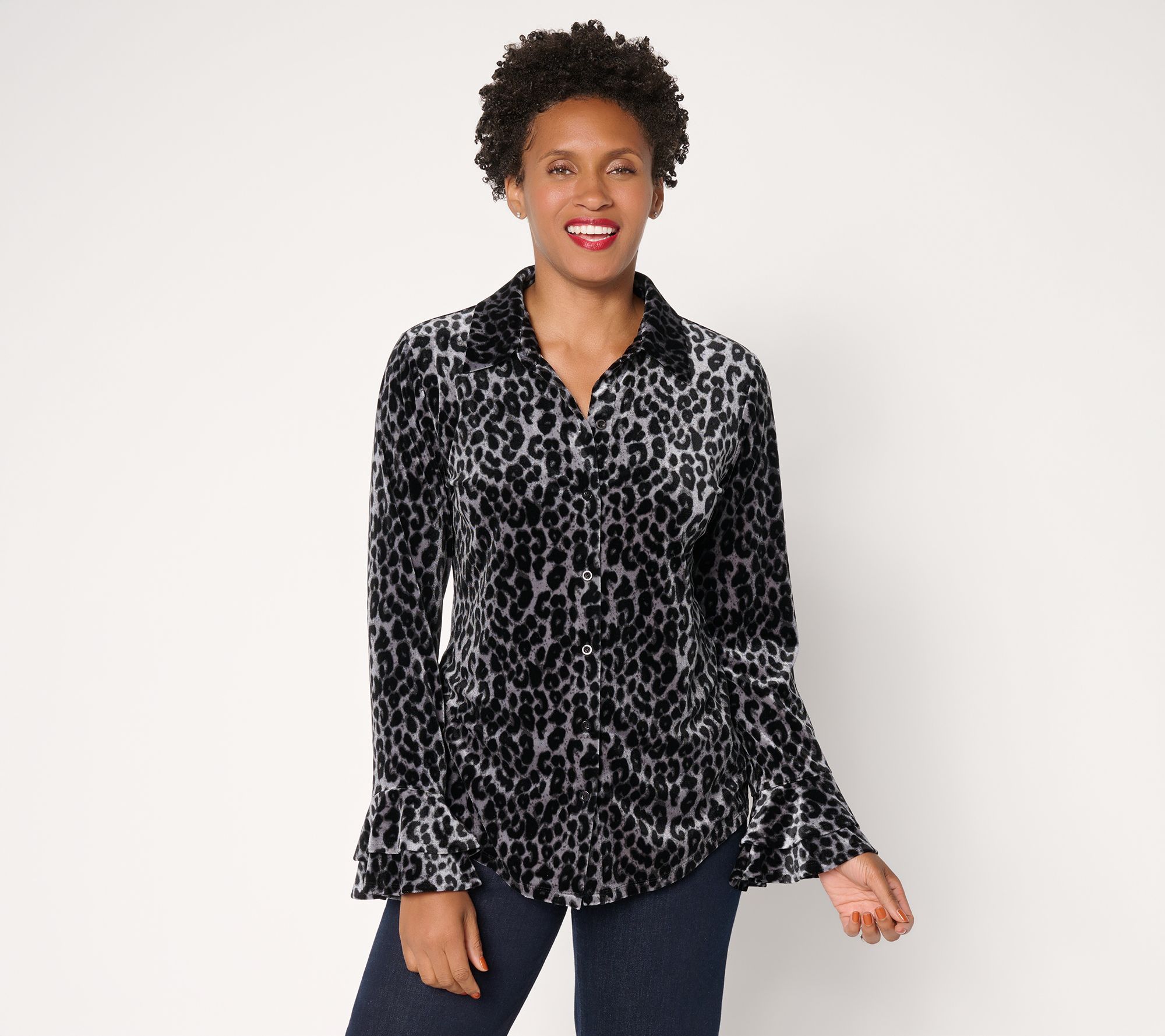 Dennis Basso Knit Velvet Button Front Shirt