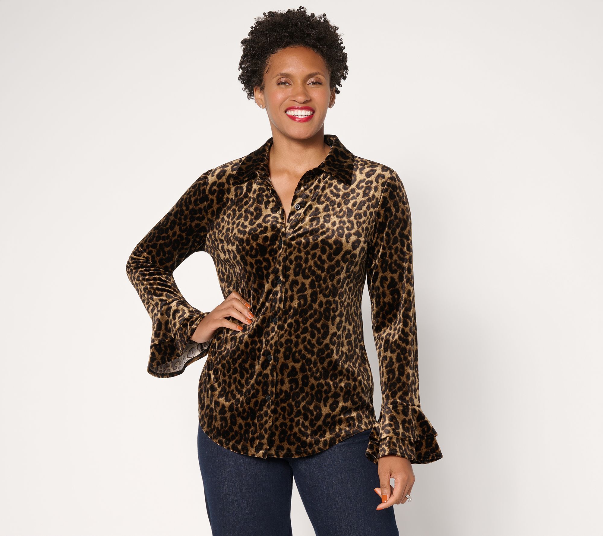 Dennis Basso Knit Velvet Button Front Shirt