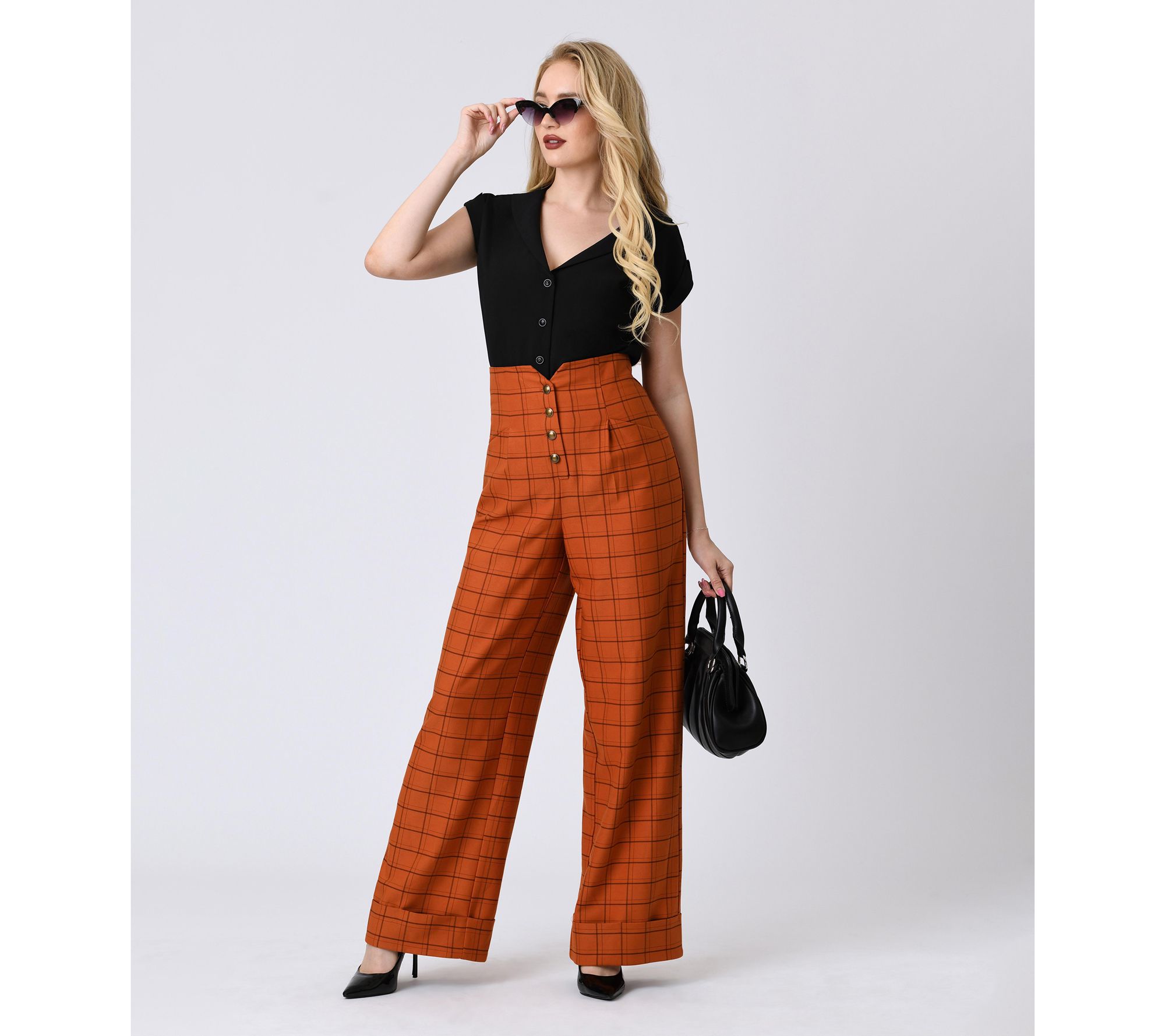 Unique Vintage Orange Windowpane Buttoned WideLeg Trousers