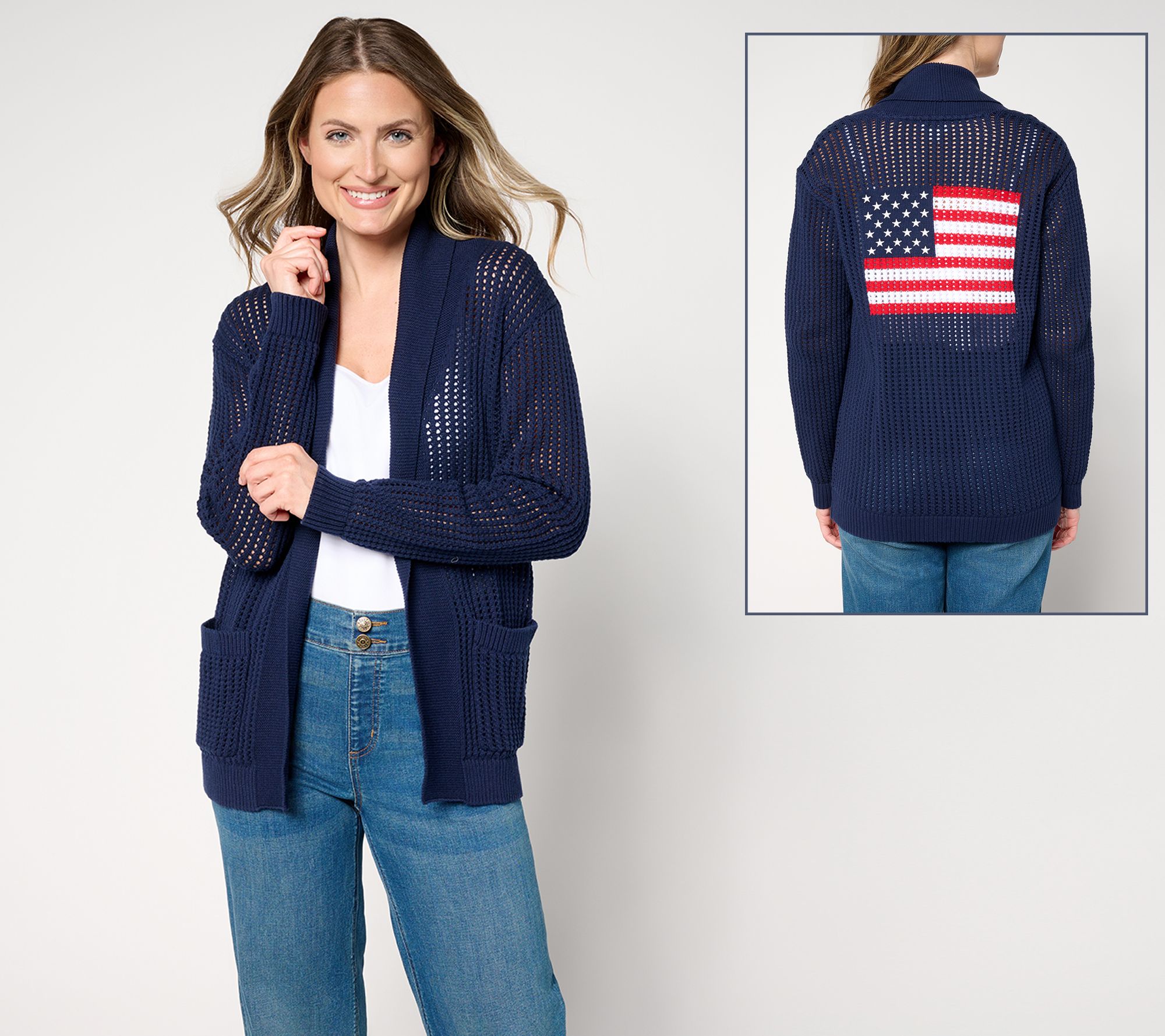 "As Is" Joan Rivers 100% Cotton Open Knit Crochet Flag Cardigan