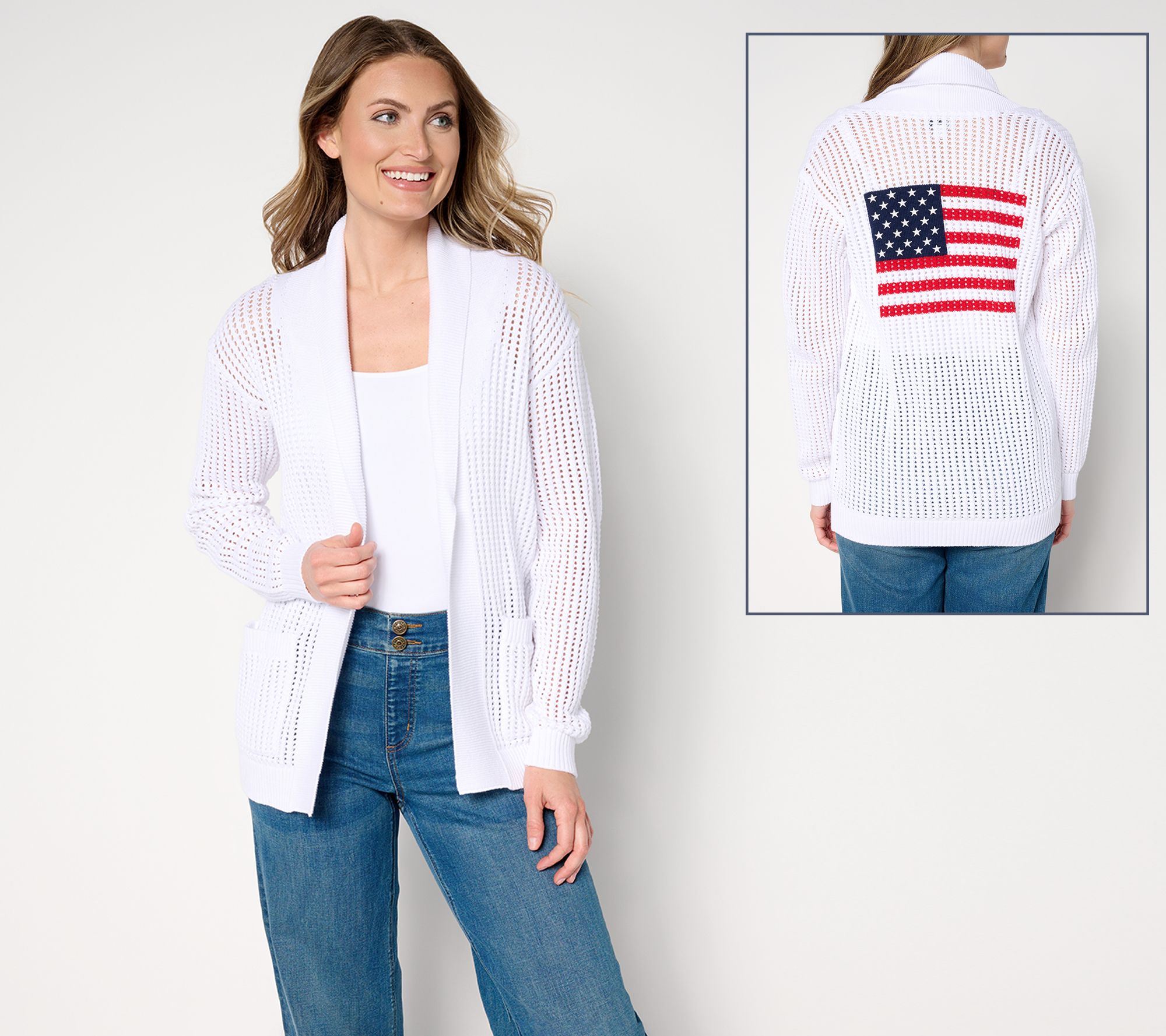 "As Is" Joan Rivers 100% Cotton Open Knit Crochet Flag Cardigan