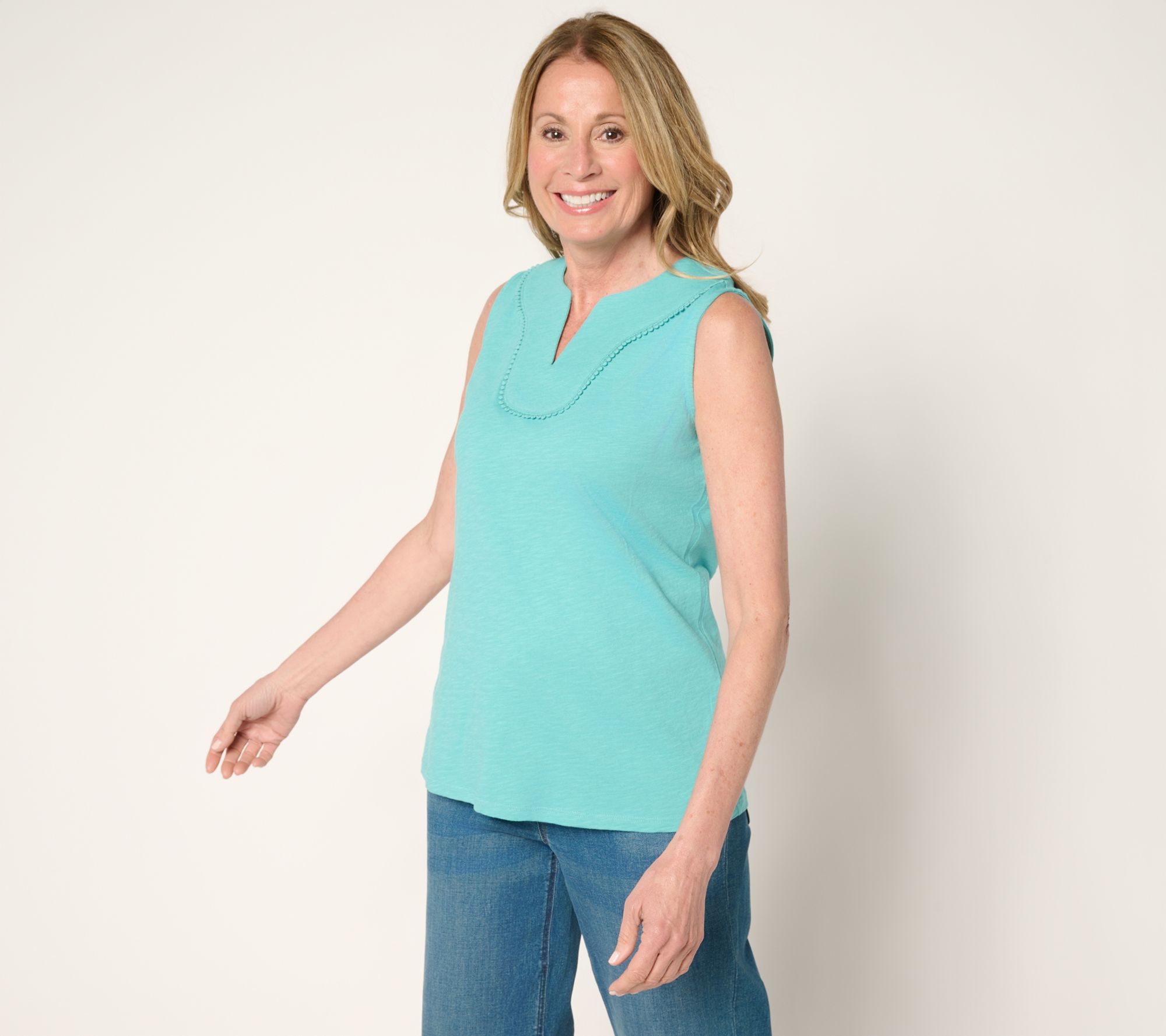 "As Is" Denim & Co. Linen Blend Split Neck Tank with Picot Trim