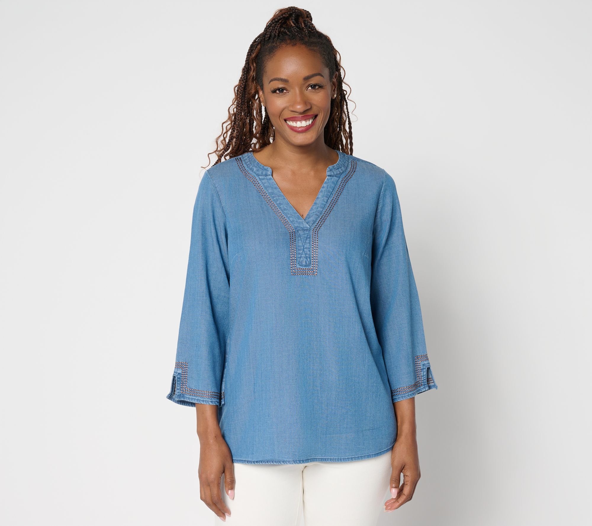 "As Is" Susan Graver Stretch Chambray Top with Stitch Detail