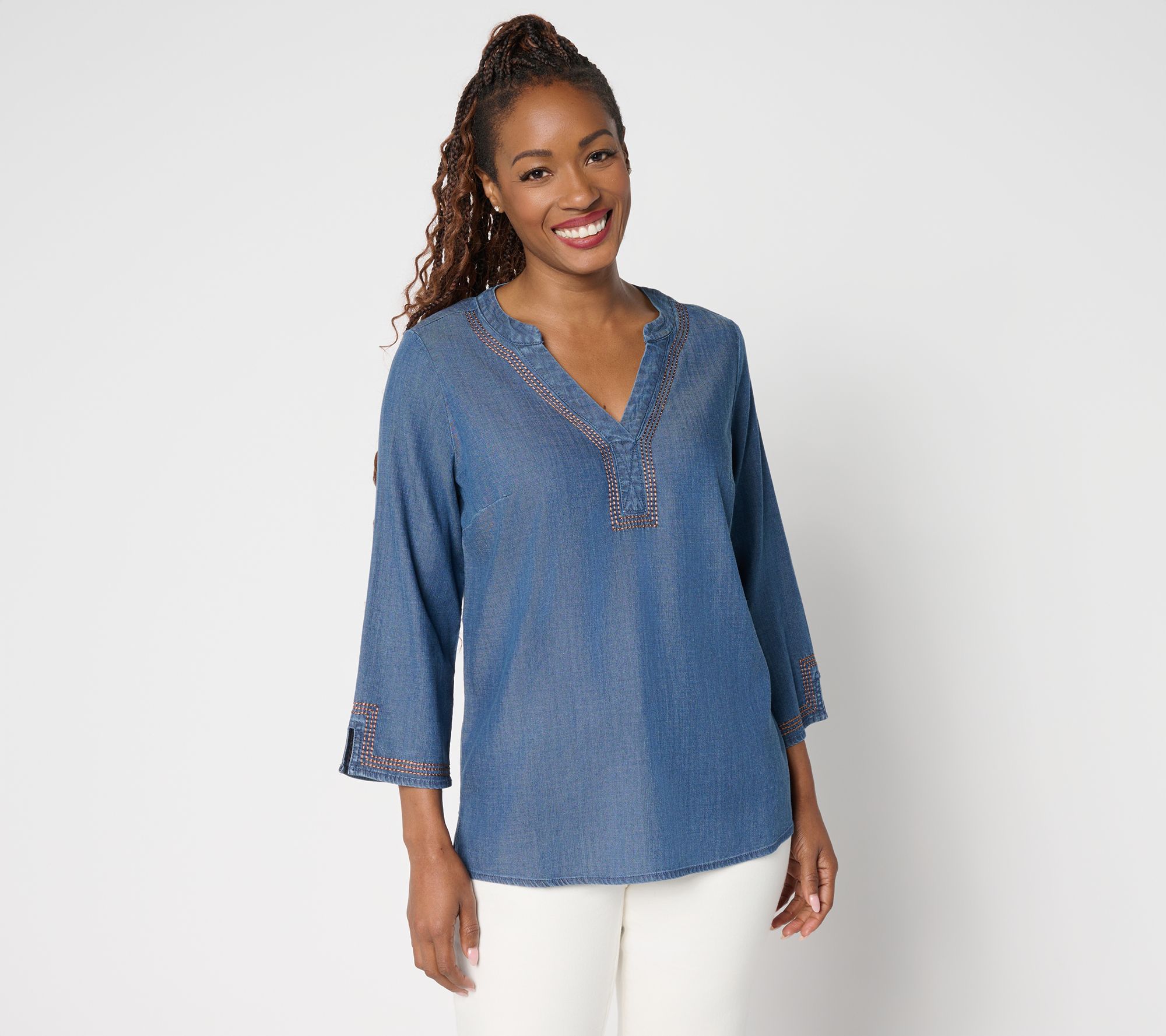 "As Is" Susan Graver Stretch Chambray Top with Stitch Detail