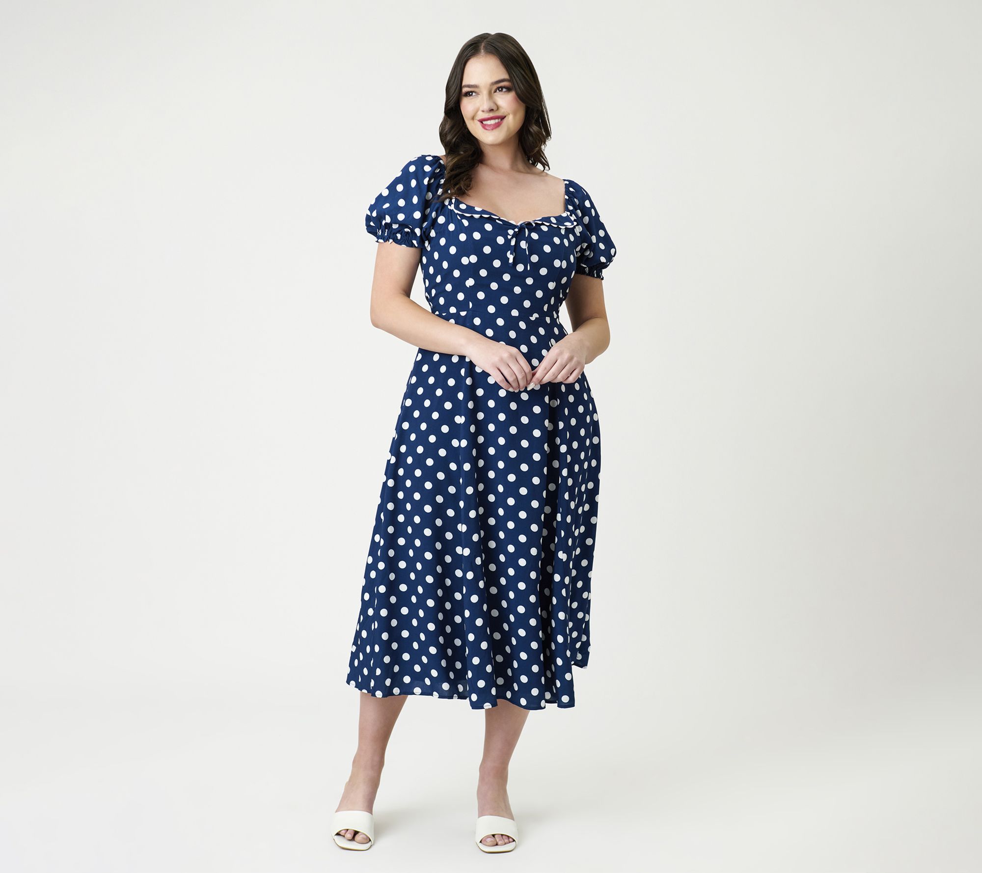 Unique Vintage Navy & White Dot Puff Sleeve Mid i Dress