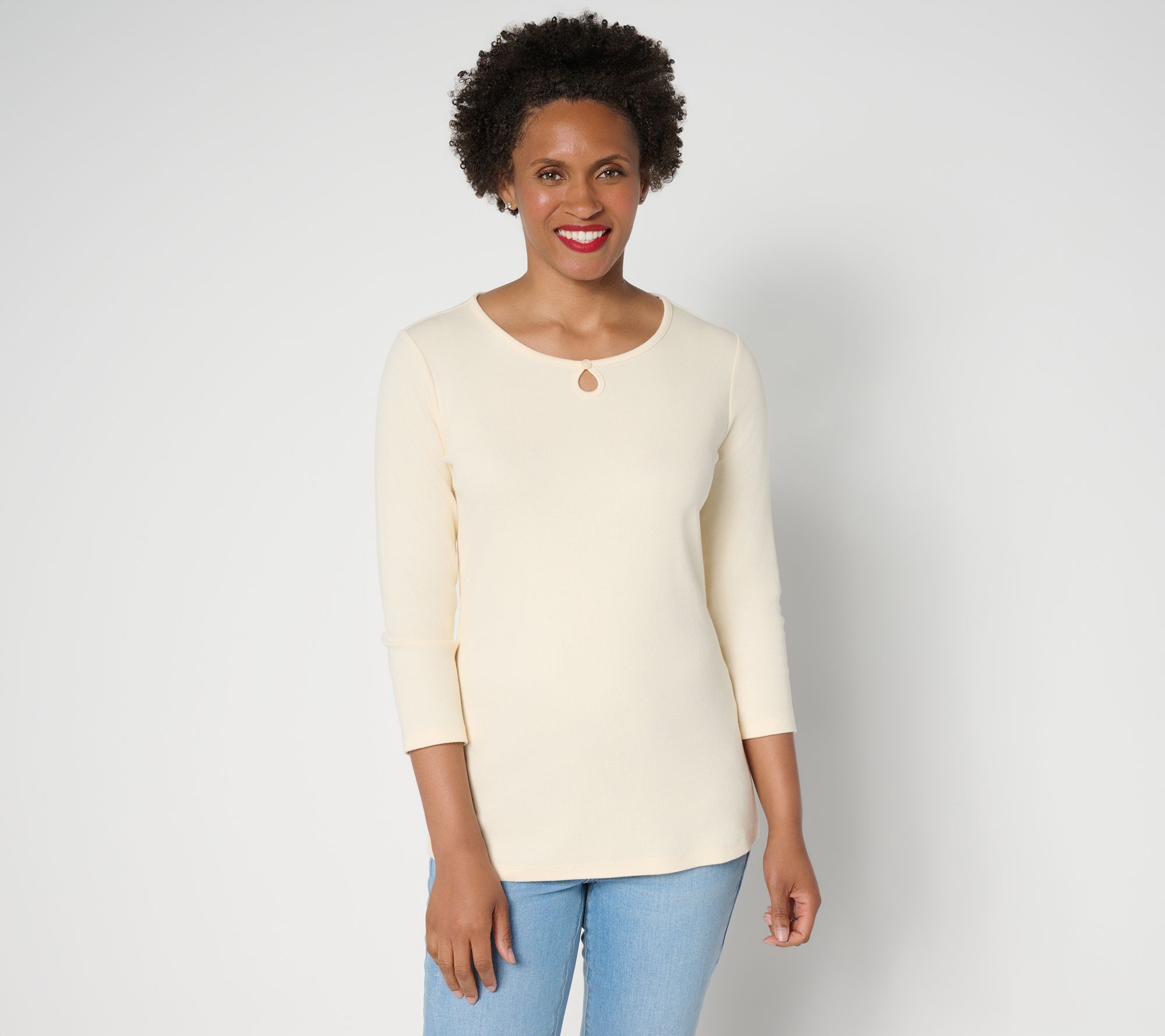 "As Is" Denim & Co. Essentials Modal Rib 3/4 Sleeve Keyhole Top