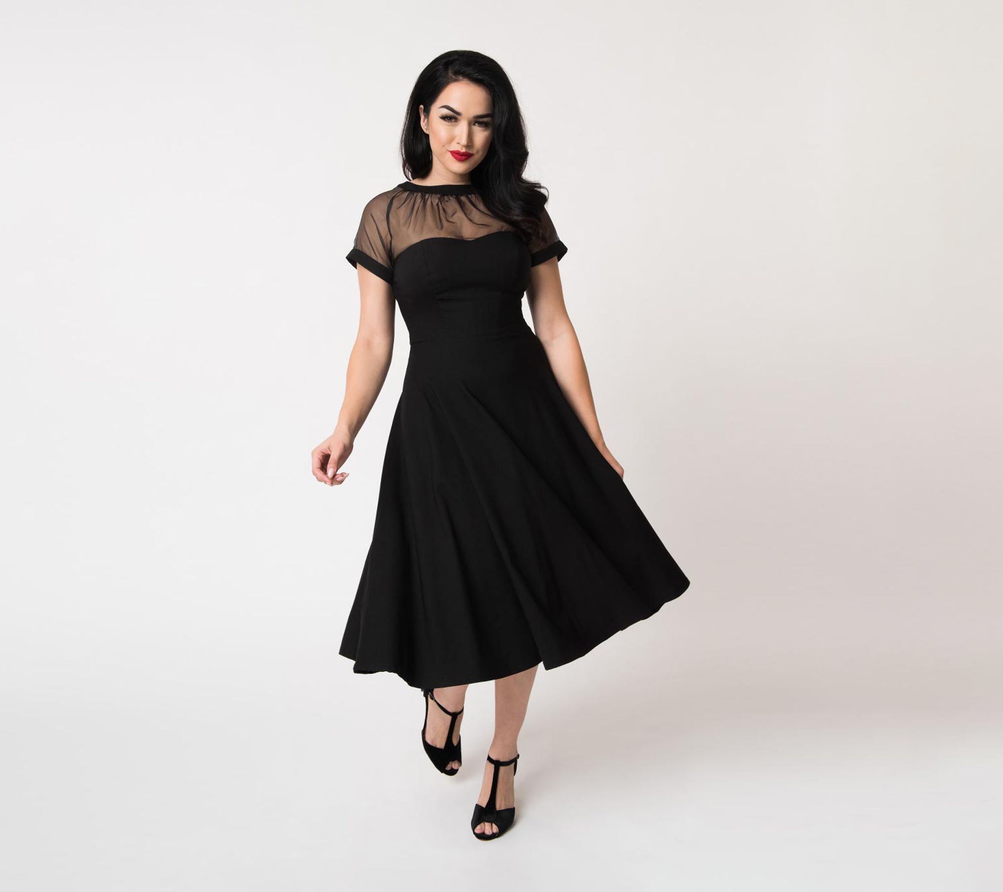 Unique Vintage 1950s Black Stretch Sheer BodiceShirelle Swing