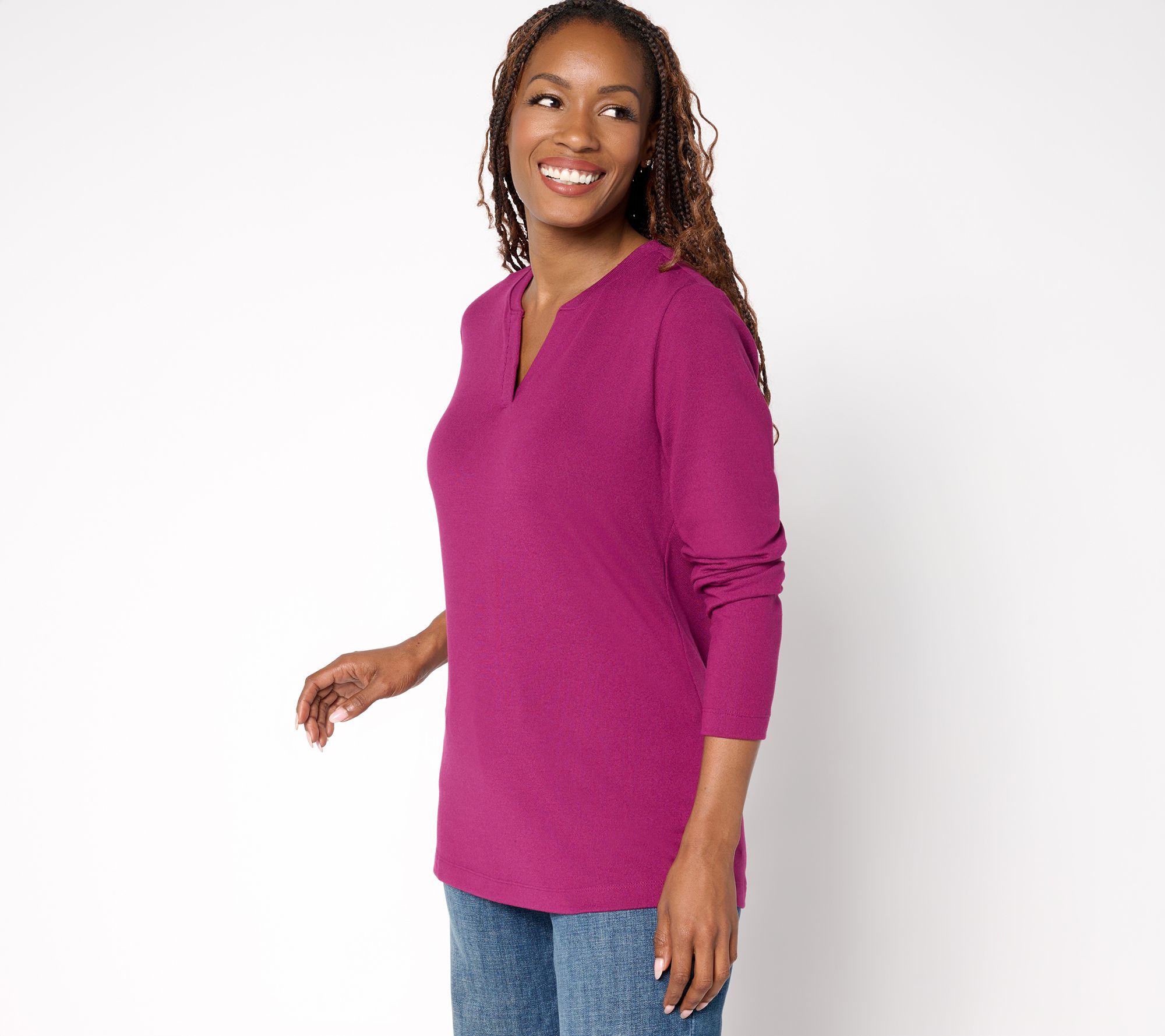 "As Is" Denim & Co. Essentials Heavenly Jersey Split Neck Top