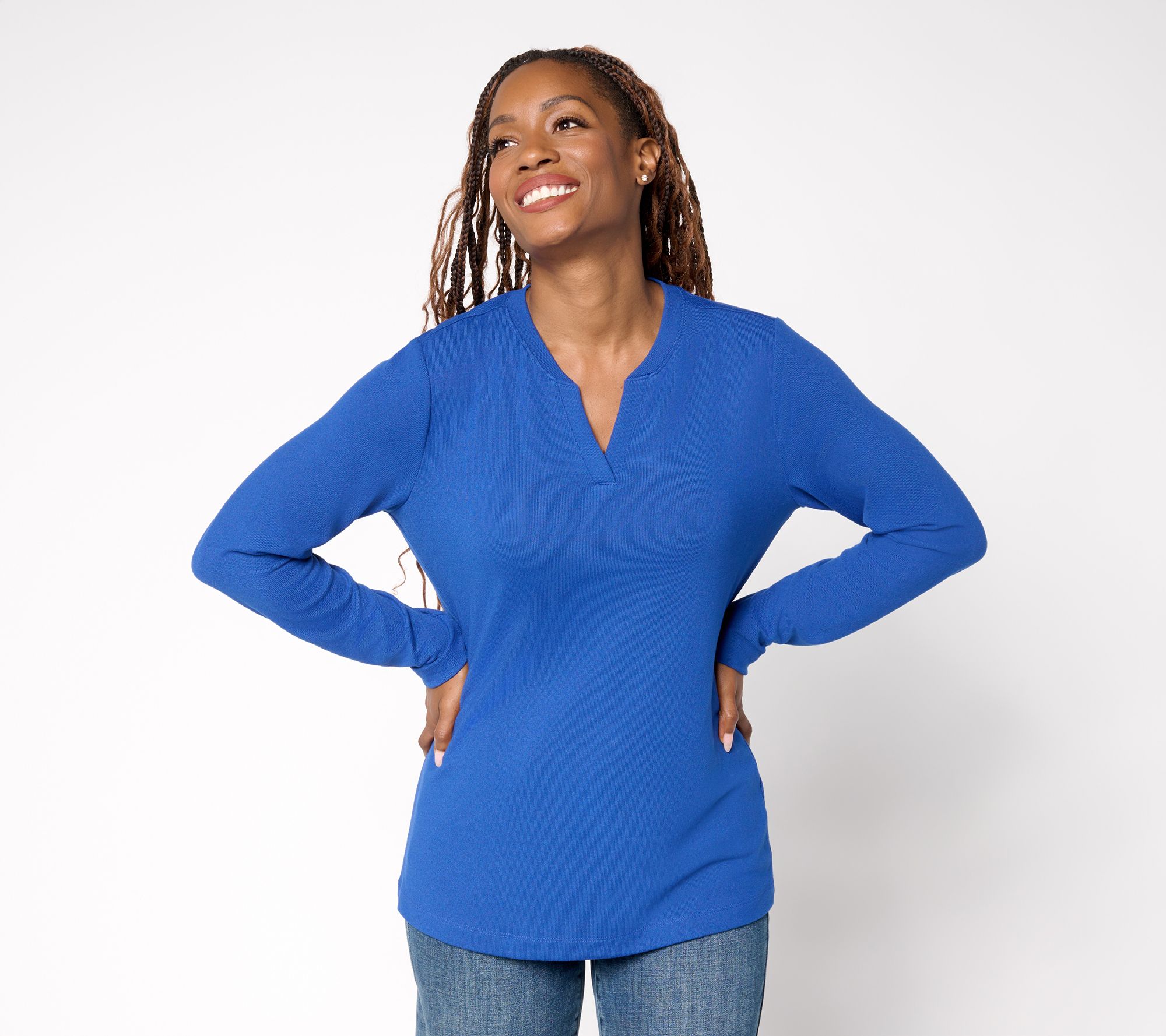 "As Is" Denim & Co. Essentials Heavenly Jersey Split Neck Top