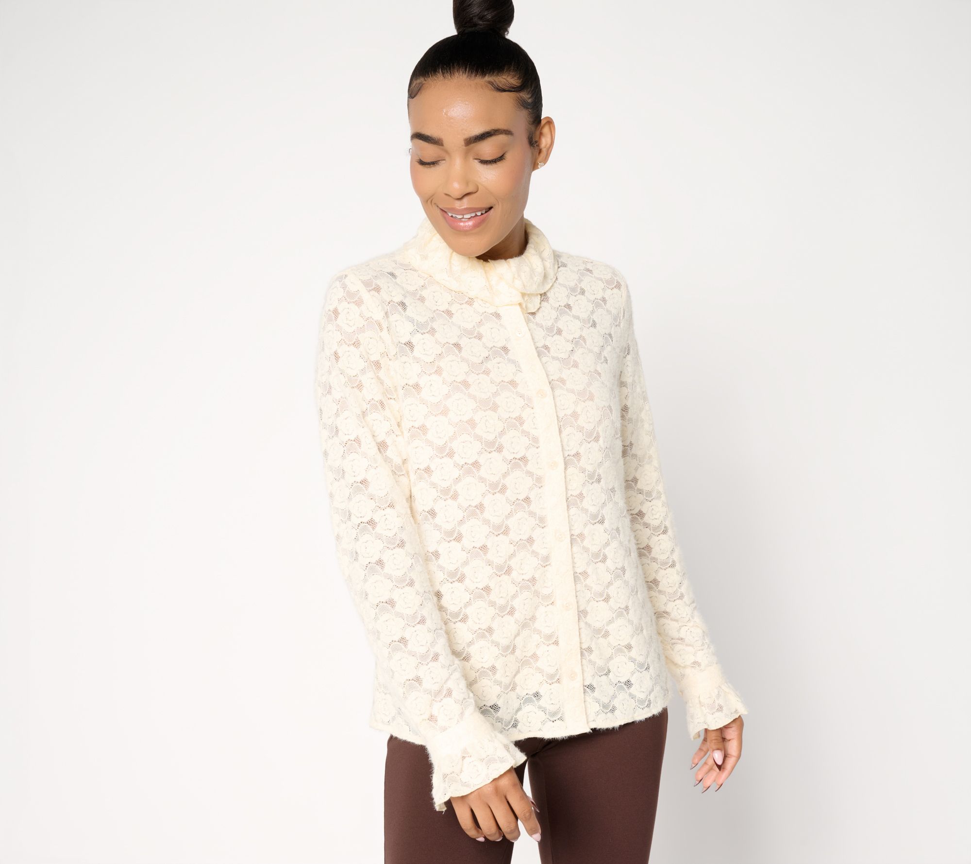 "As Is" Studio Park x Sandra Bennett Woven Lace Button Front Blouse