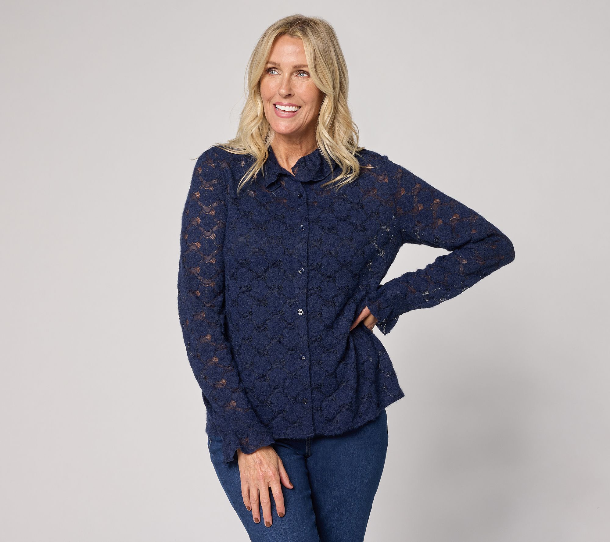 "As Is" Studio Park x Sandra Bennett Woven Lace Button Front Blouse