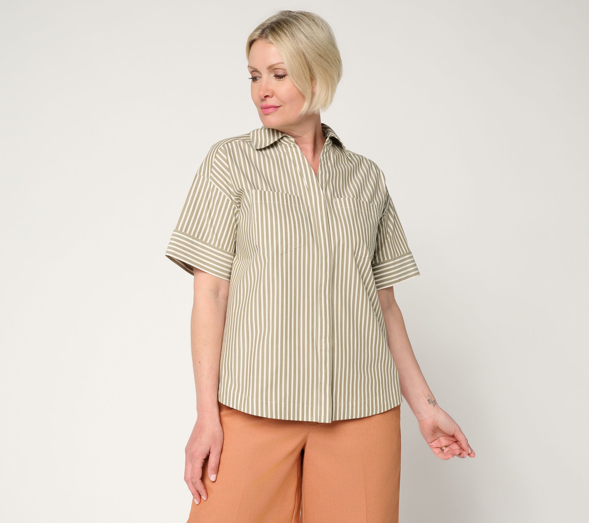 Martha Stewart Signature Striped Cotton Poplin Top with Wide Sleeves