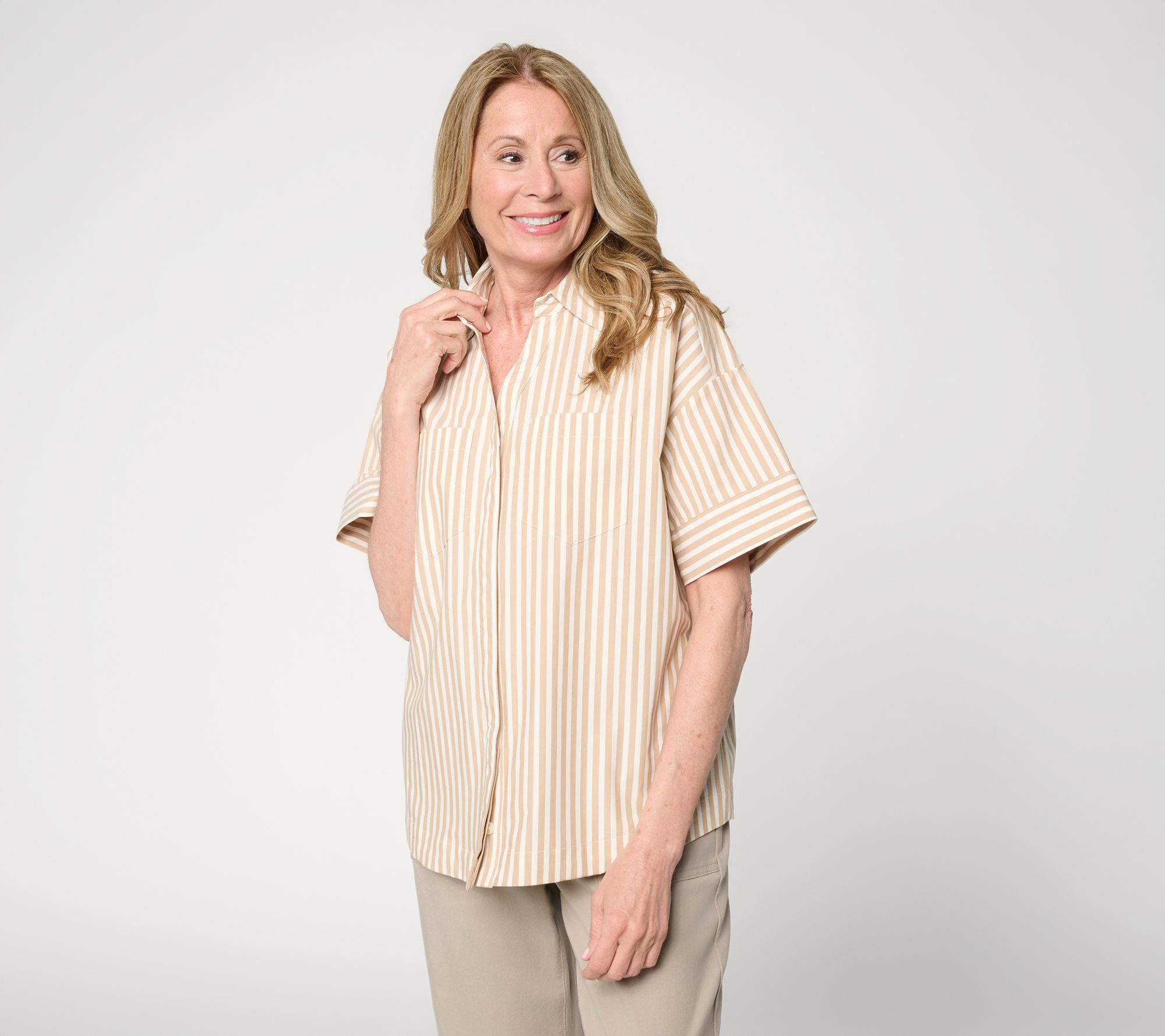 Martha Stewart Signature Striped Cotton Poplin Top with Wide Sleeves