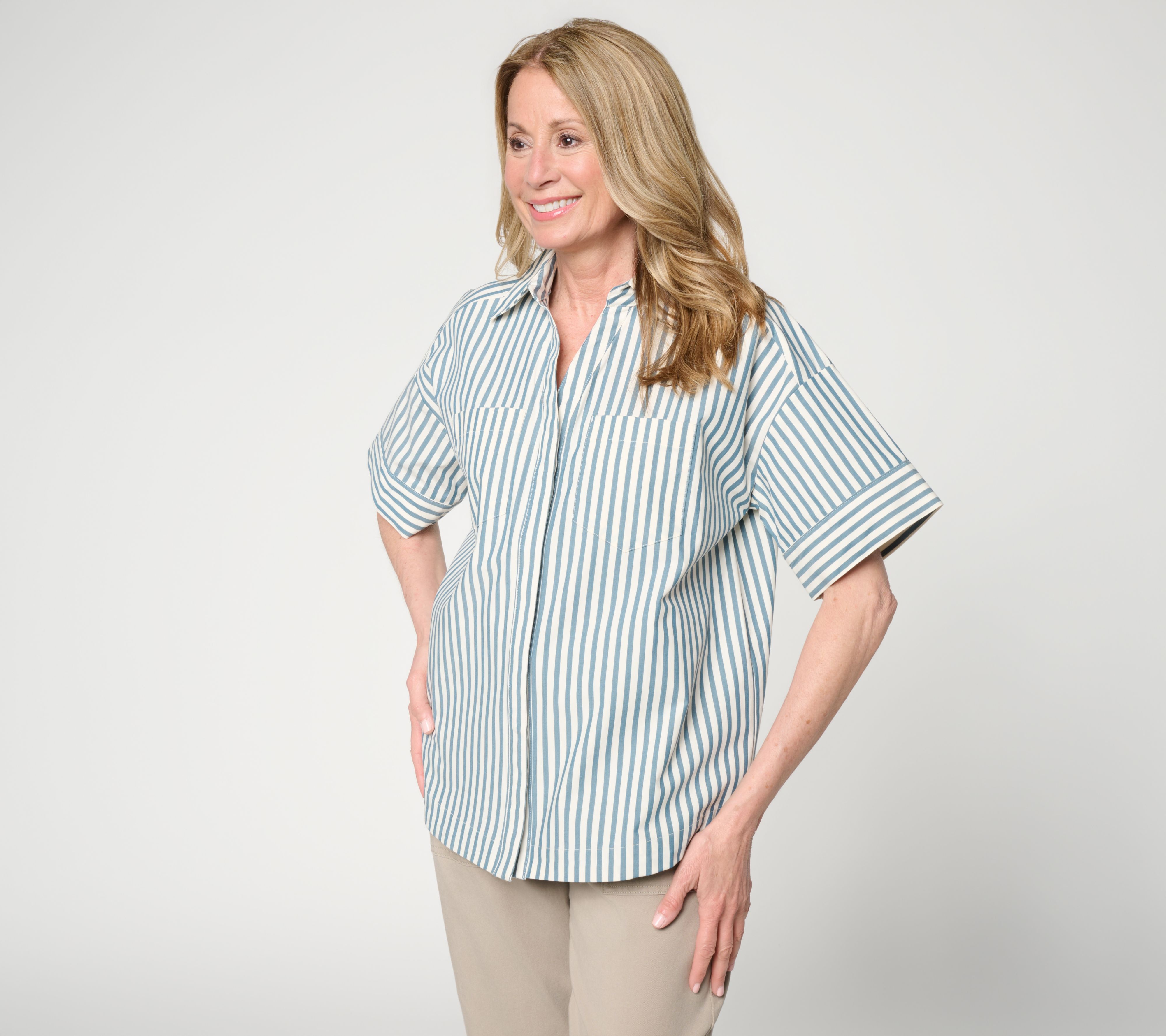 Martha Stewart Signature Striped Cotton Poplin Top with Wide Sleeves