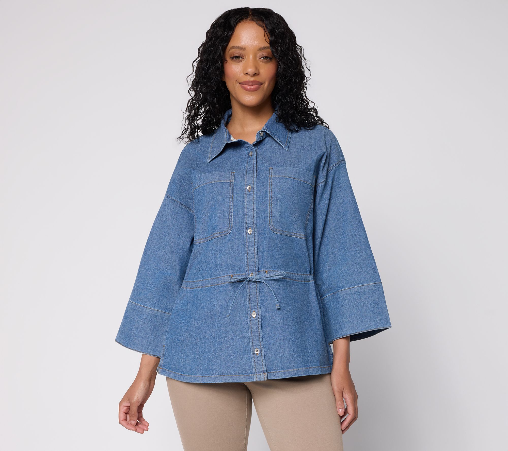 Peace Love World Cinched Tie Waist Button Up Elbow Sleeve Top