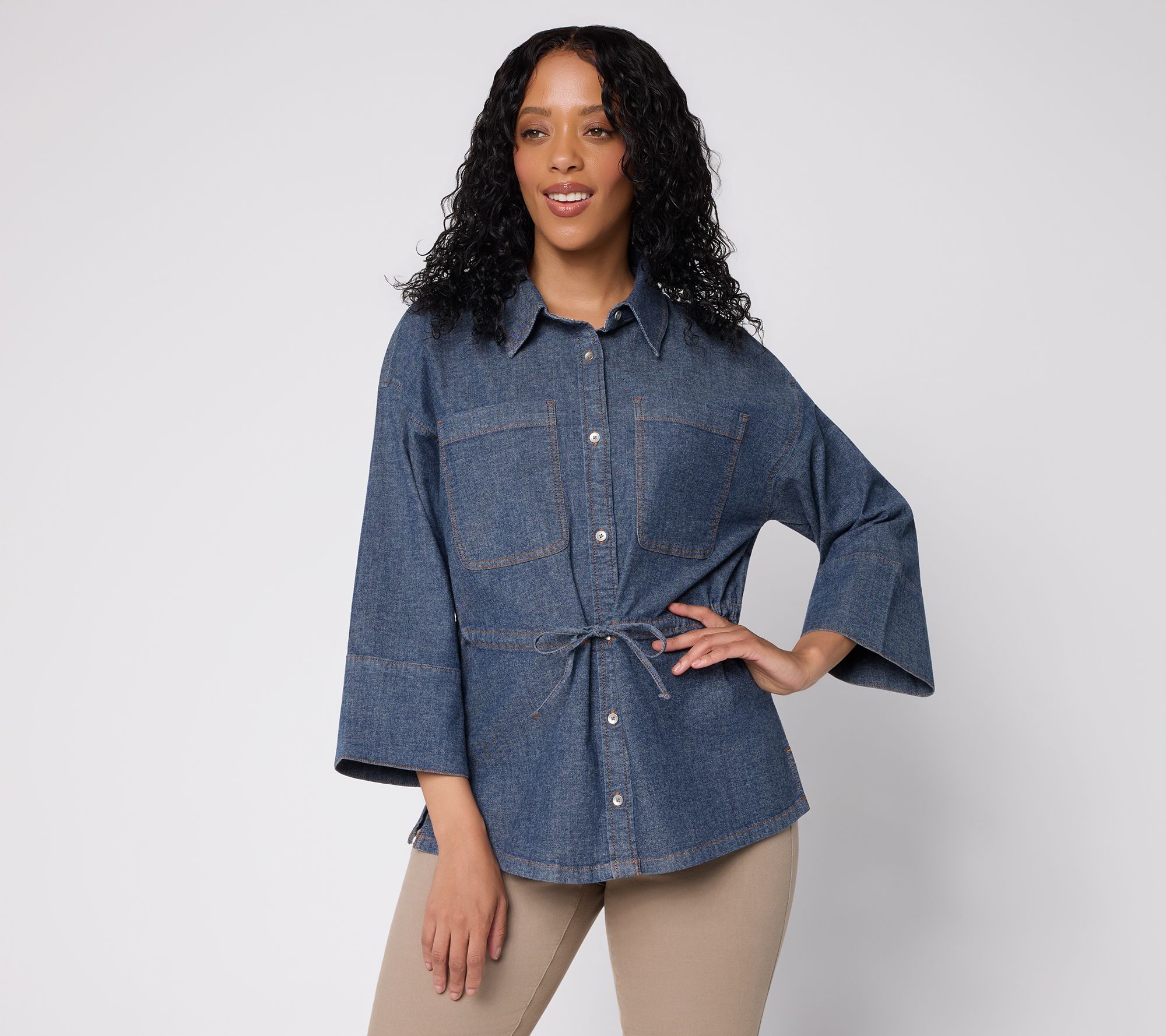 Peace Love World Cinched Tie Waist Button Up Elbow Sleeve Top