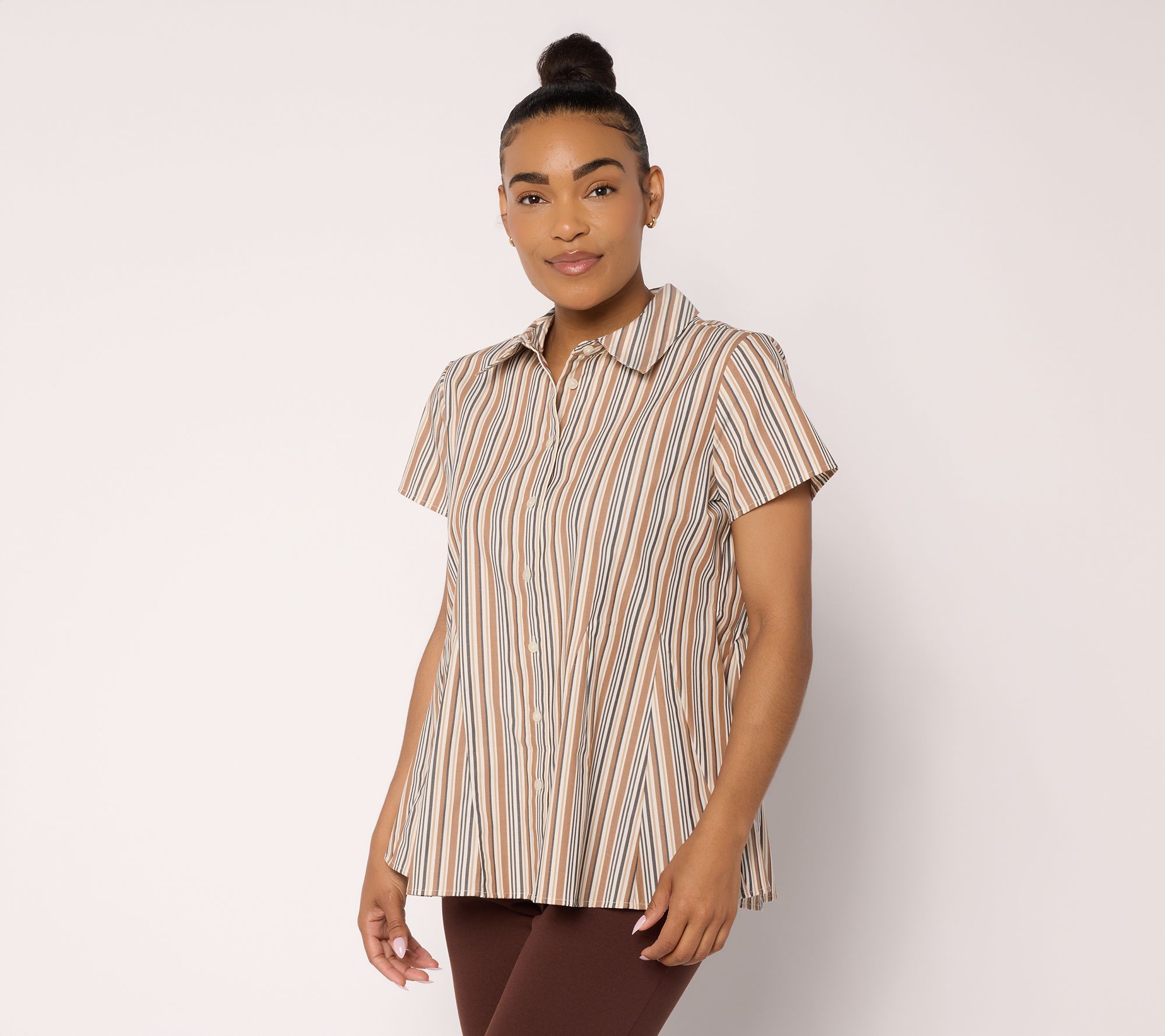 Attitudes by Renee Striped Godet Button Front Top
