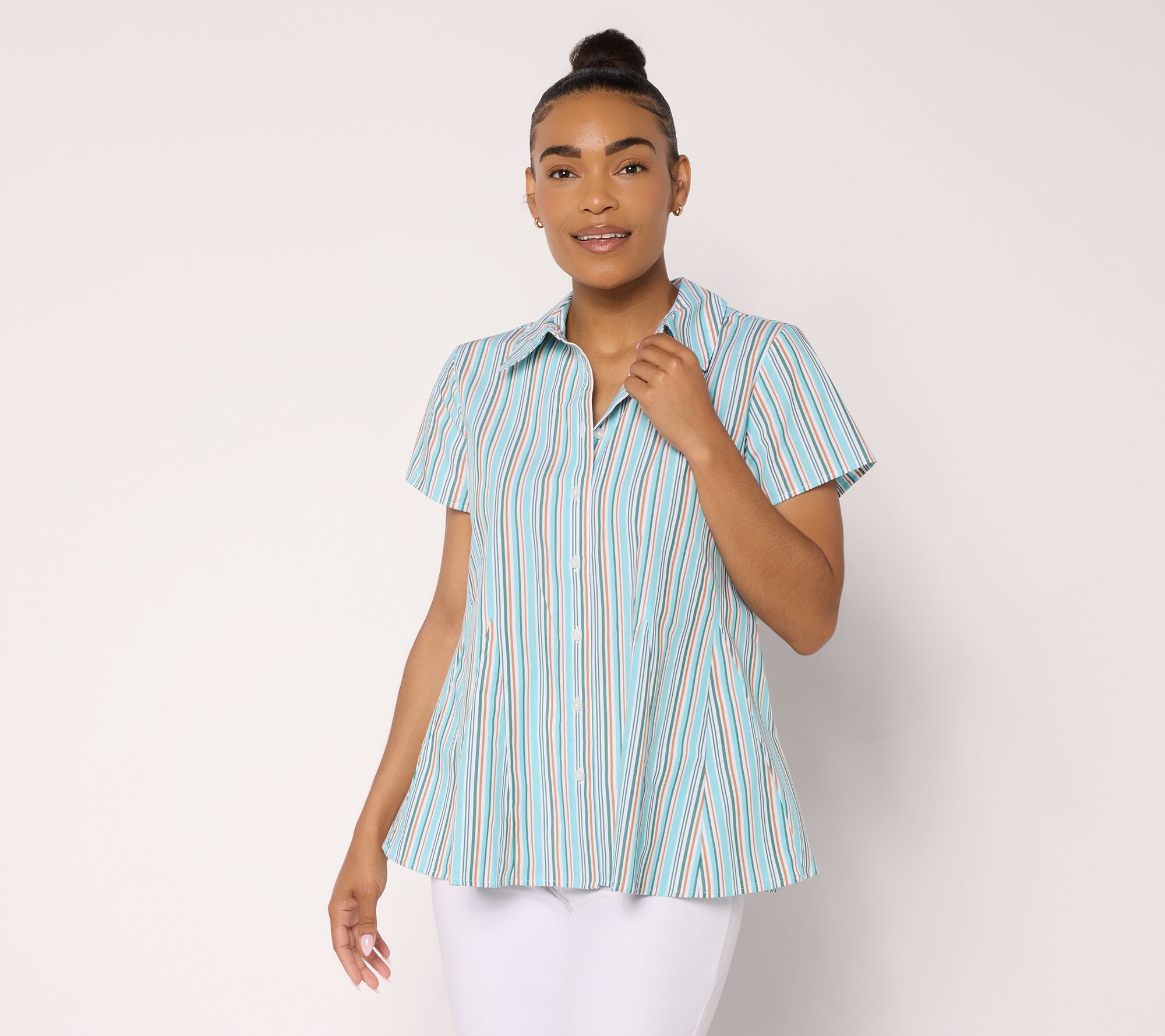 Attitudes by Renee Striped Godet Button Front Top