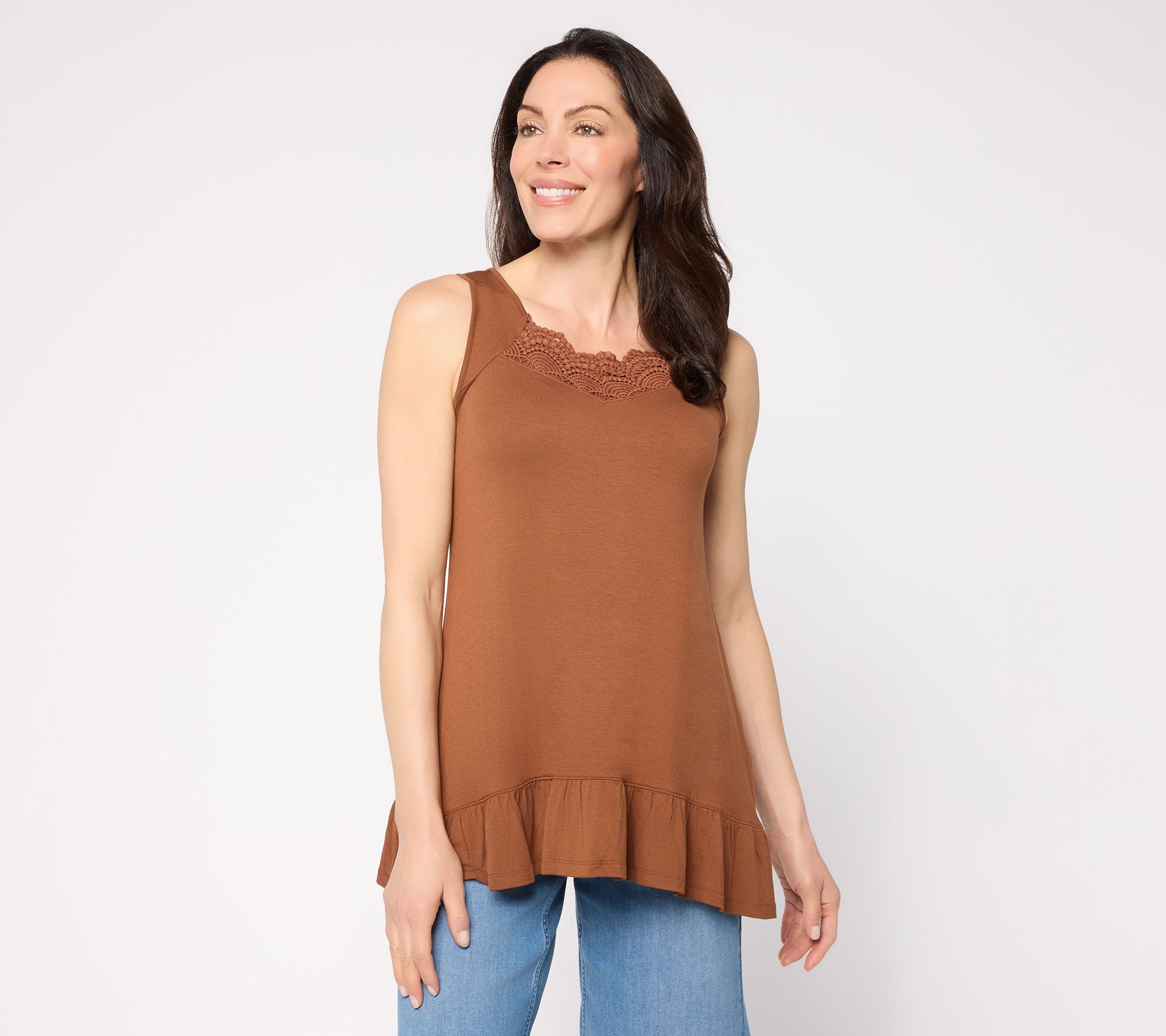 LOGO Layers by Lori Goldstein Regular Lace Detail Ruffle Hem Tank