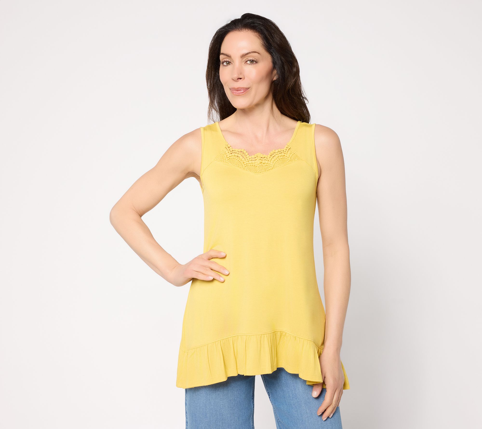 LOGO Layers by Lori Goldstein Regular Lace Detail Ruffle Hem Tank