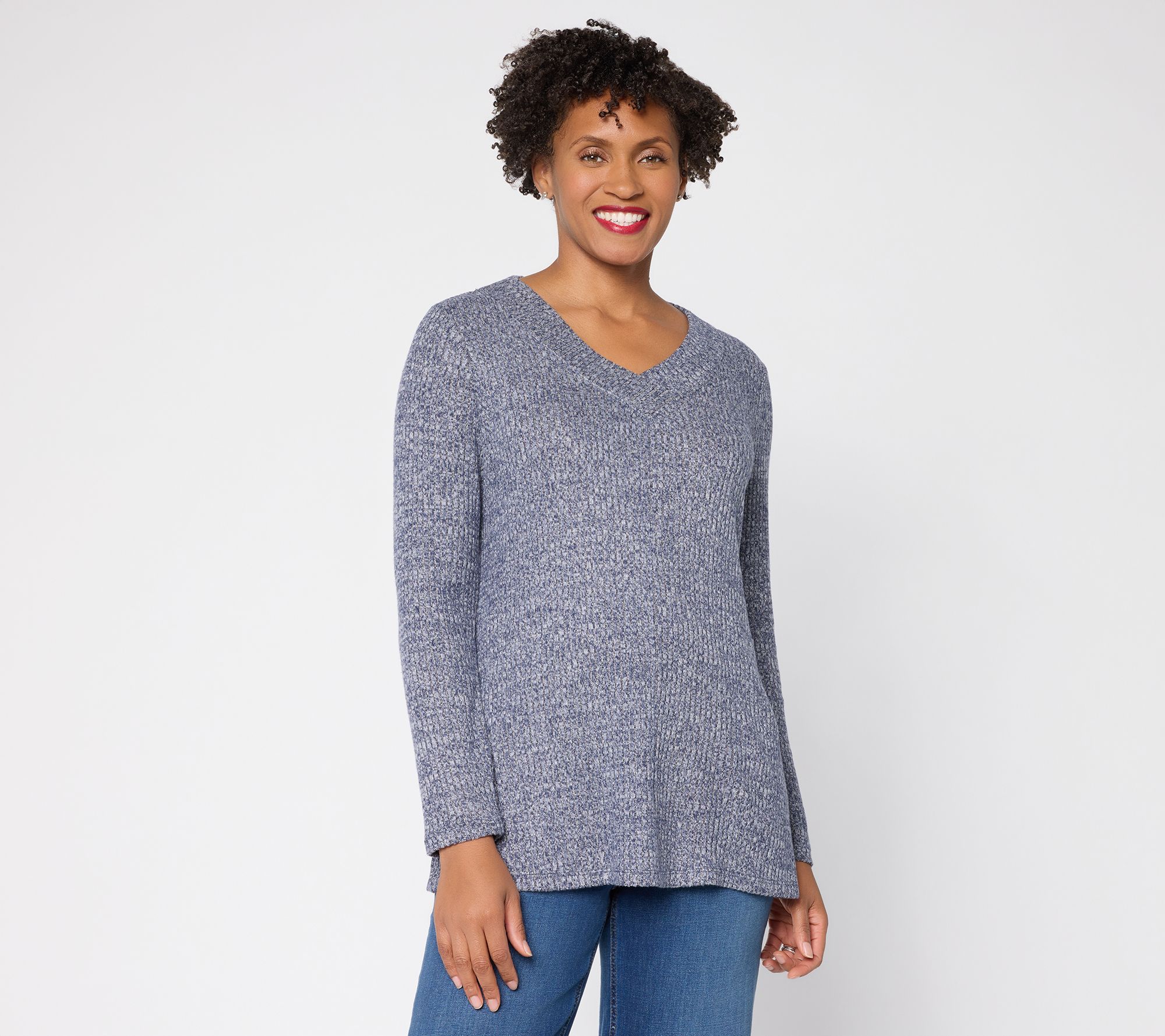 "As Is" Denim & Co. Regular Ribbed Long Sleeve V-Neck Tunic