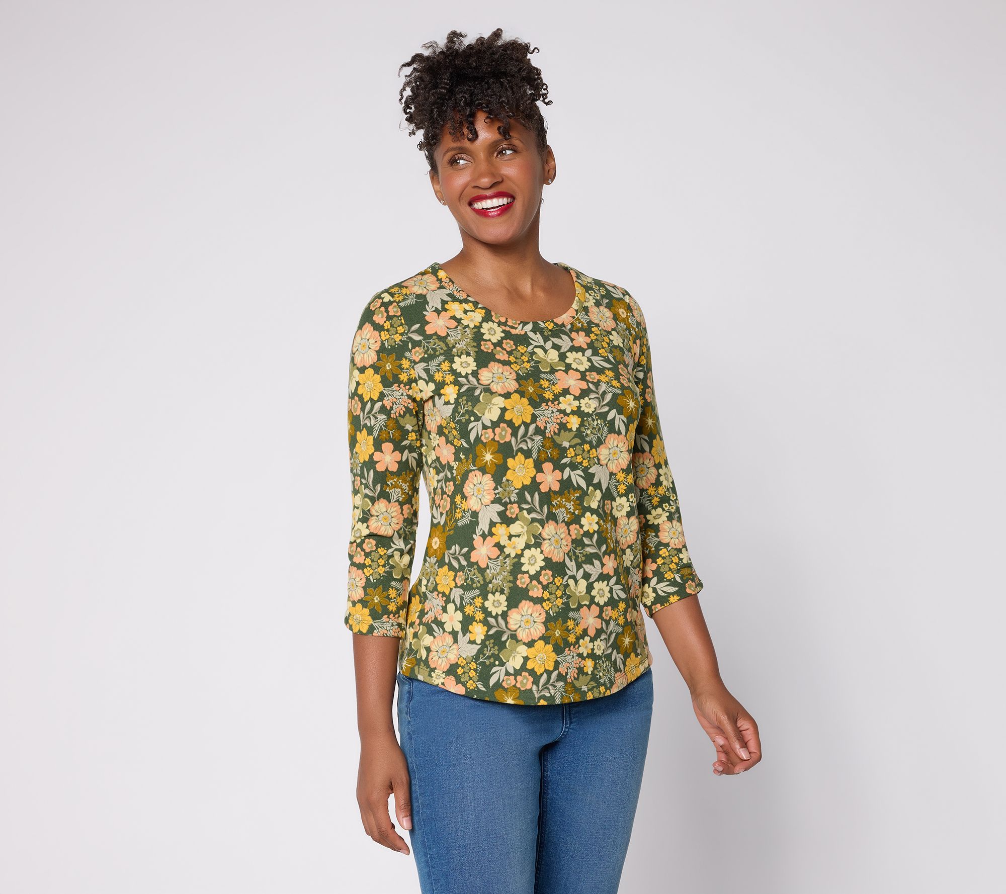 Denim & Co. Printed Heavenly Jersey 3/4-Sleeve Scoop Neck Top