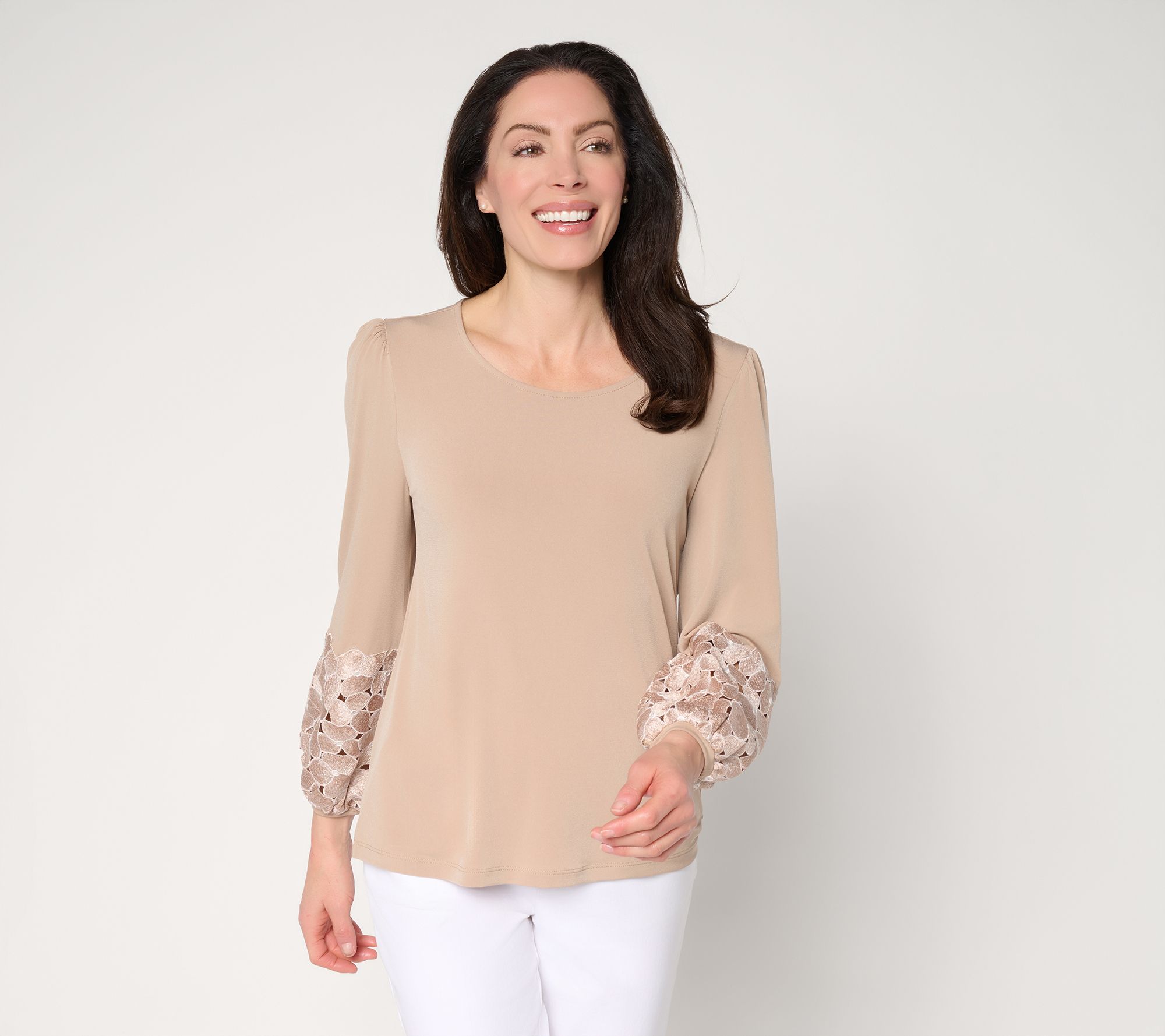 "As Is" Susan Graver Liquid Knit Scoop-Neck Lace Sleeve Top