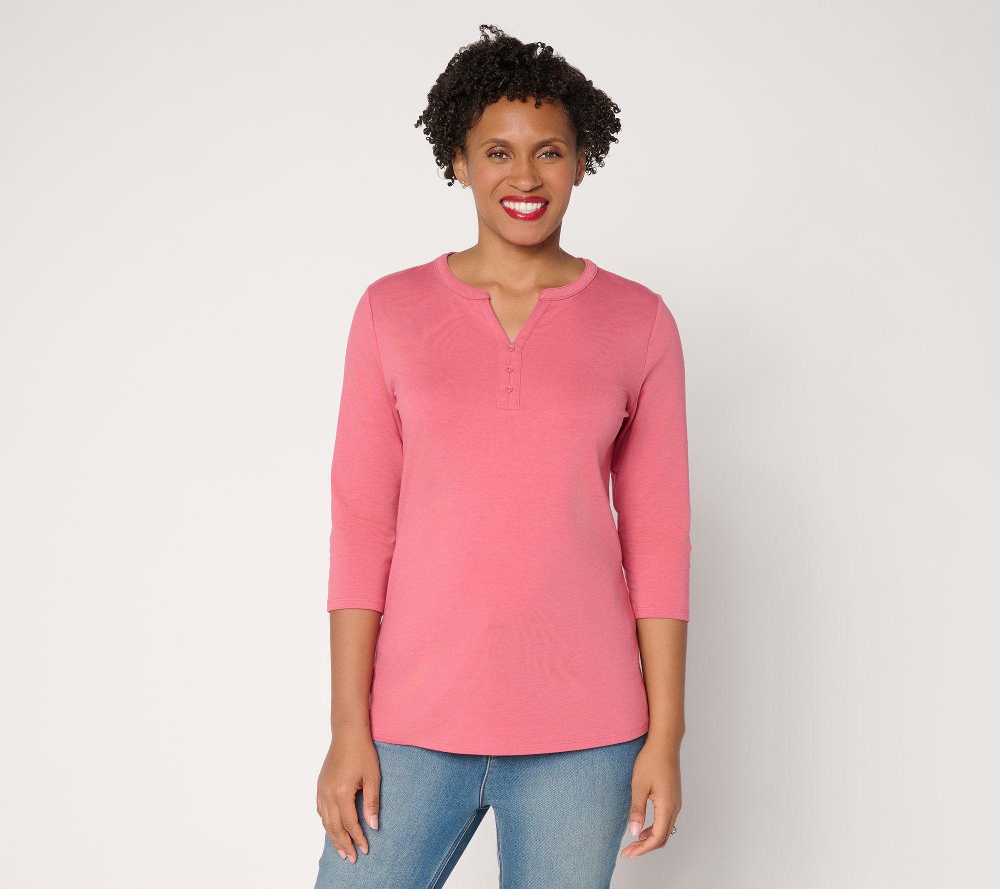 "As Is" Denim & Co. Essentials Favorite Jersey 3/4-Sleeve Henley Top