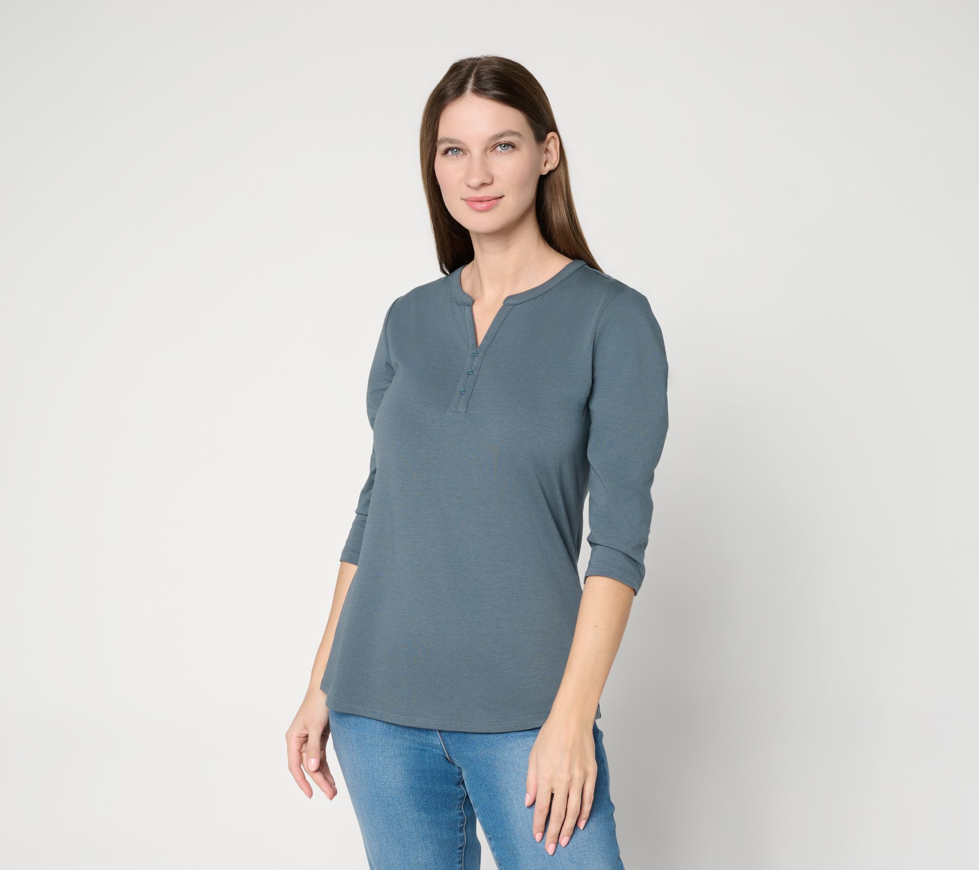 "As Is" Denim & Co. Essentials Favorite Jersey 3/4-Sleeve Henley Top