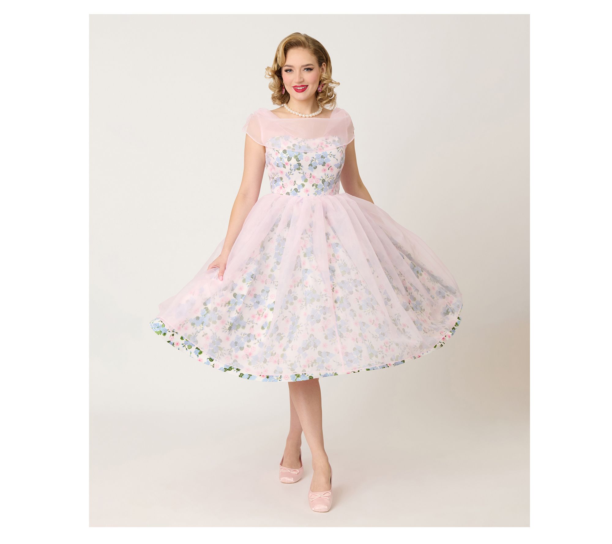 Unique Vintage Sheer Pink Chiffon & Rose ModernArt Swing Dres