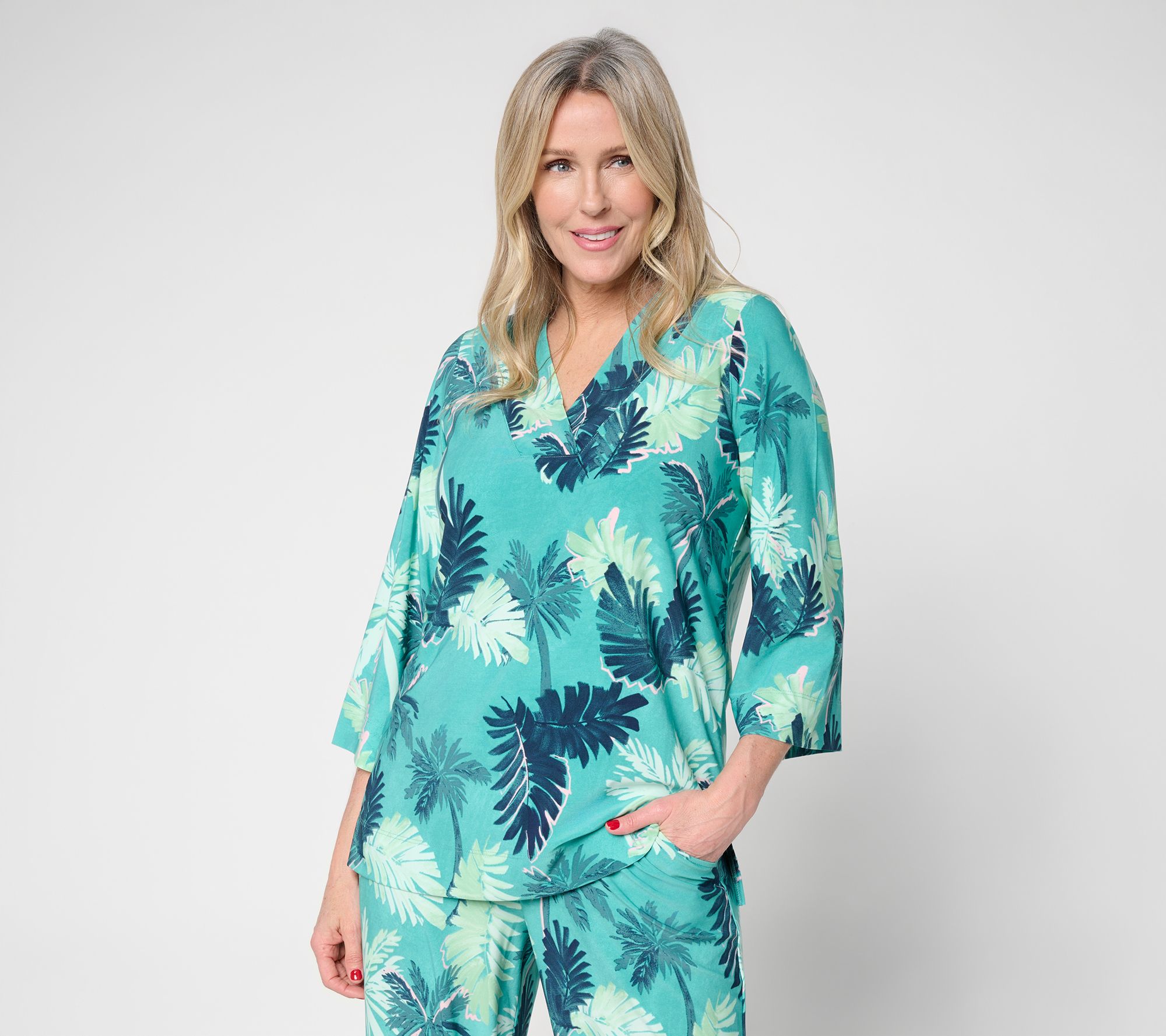 "As Is" Brandis Dress Out Loud Discovery Knit Golden Palms V Neck Top