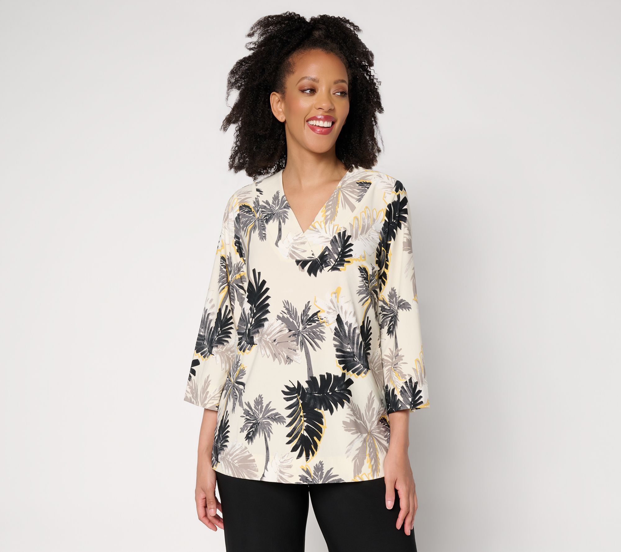 "As Is" Brandis Dress Out Loud Discovery Knit Golden Palms V Neck Top