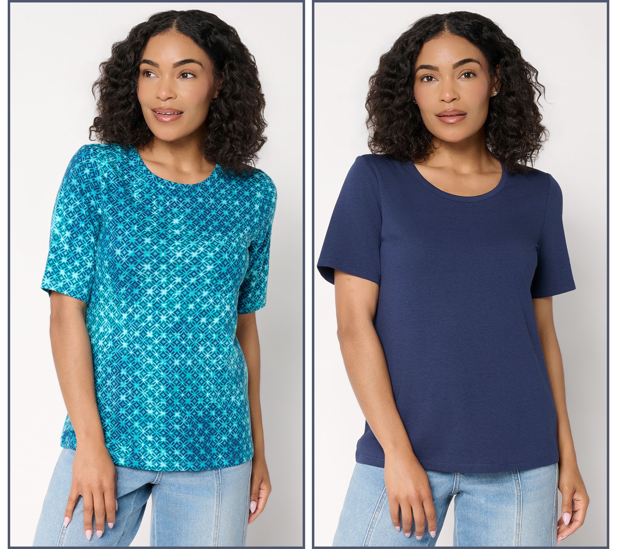 "As Is" Denim & Co. Essential Fav Jersey 2-Pk Print & Solid Tops