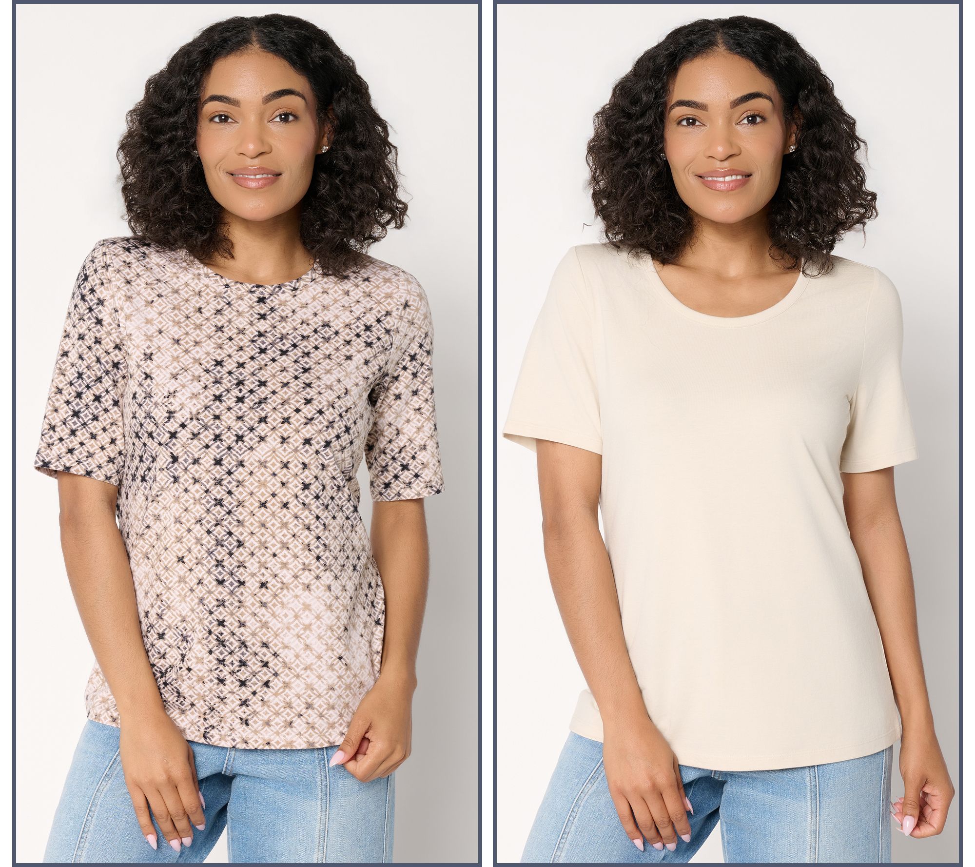 "As Is" Denim & Co. Essential Fav Jersey 2-Pk Print & Solid Tops