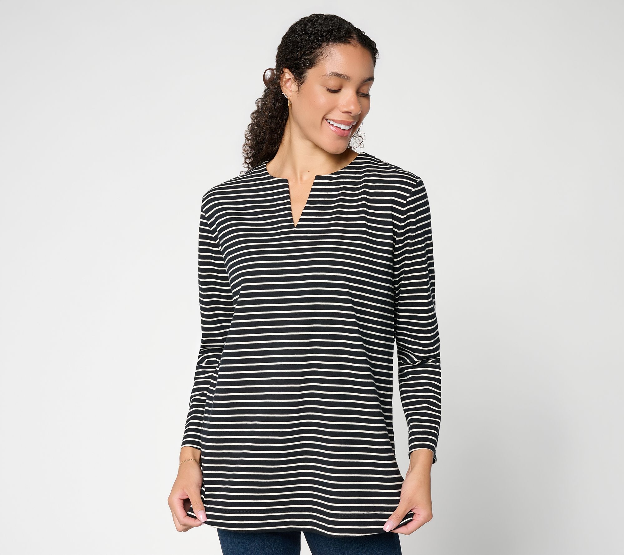 Denim & Co. Essentials 100% Cotton Striped Split Neck Top
