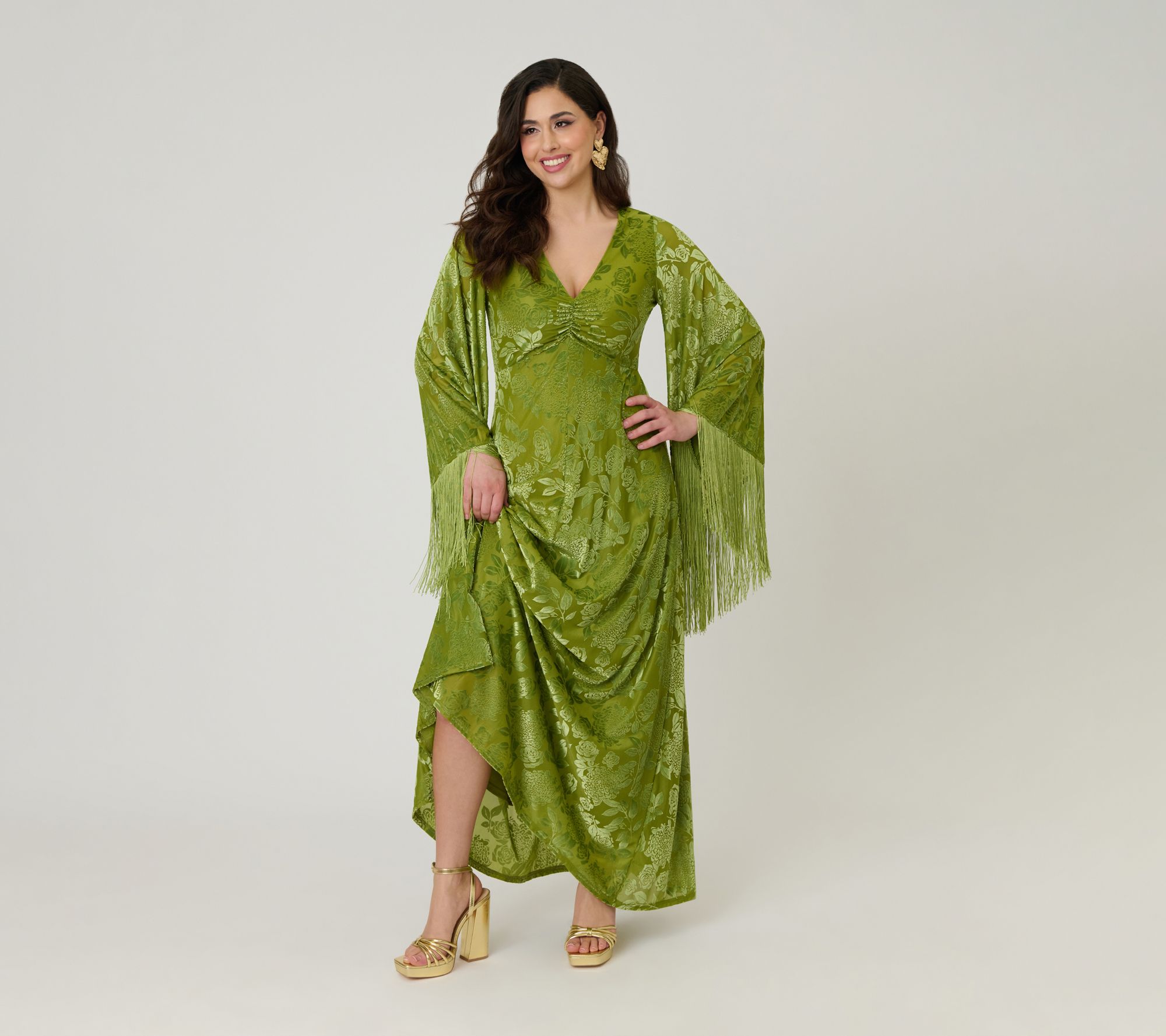 Smak Parlour Chartreuse Velvet Fringe Sleeve Stevie Maxi Dress