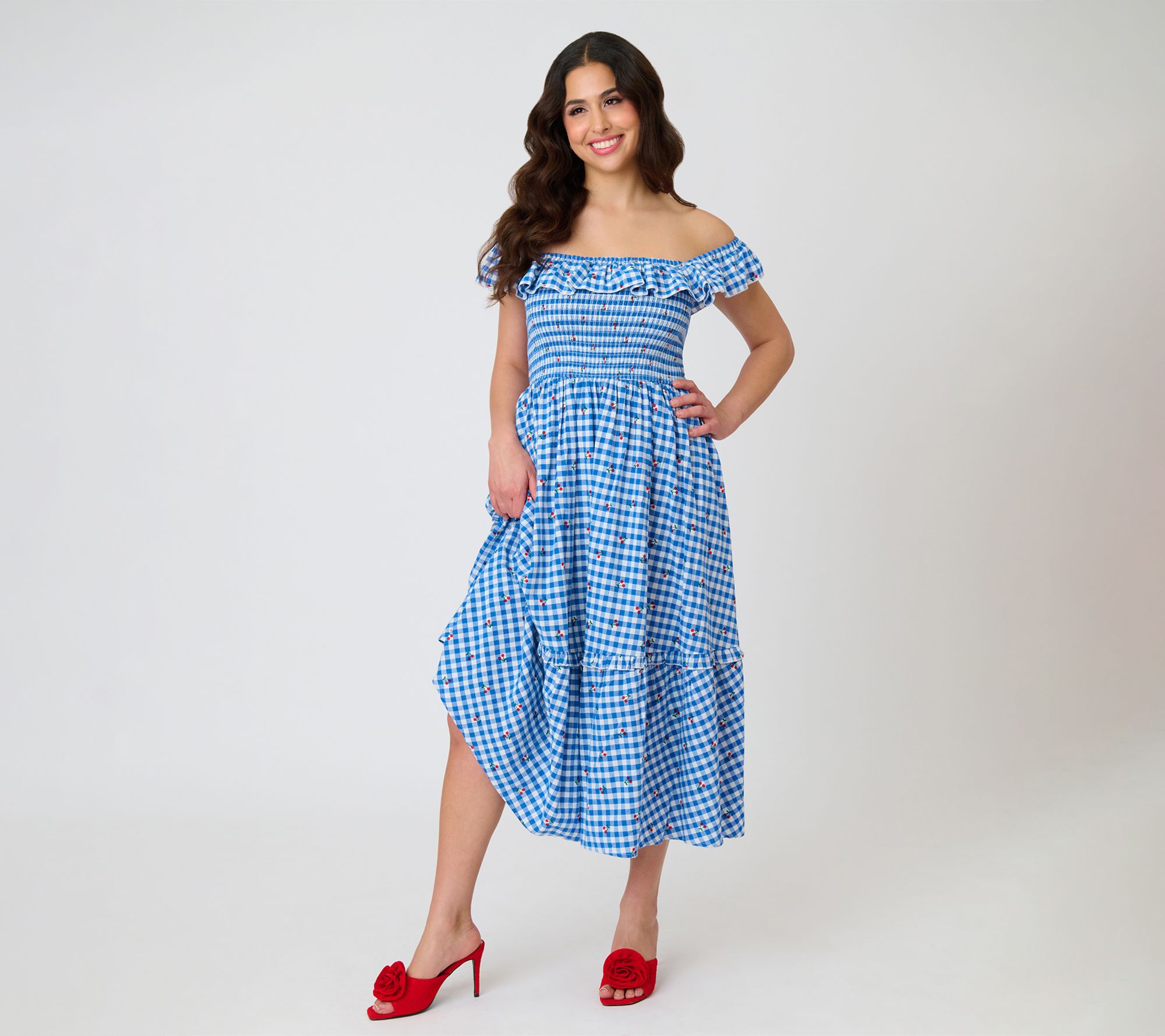 Unique Vintage Blue Gingham Smocked Bodice MidiDress