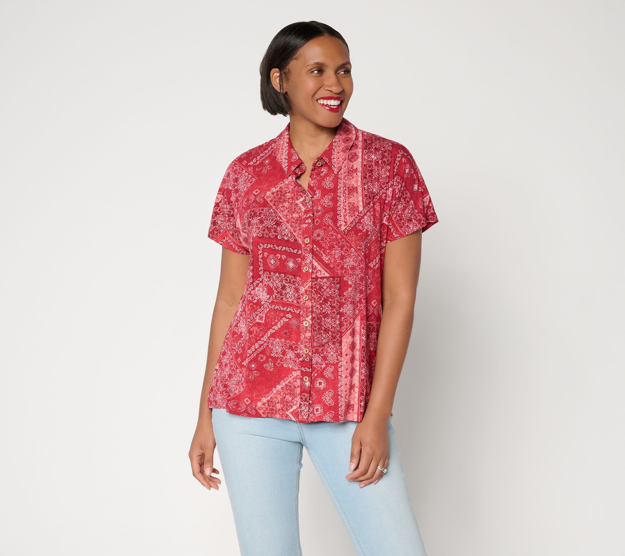 "As Is" Susan Graver Weekend Printed Rayon Allure Knit Button FrontTop