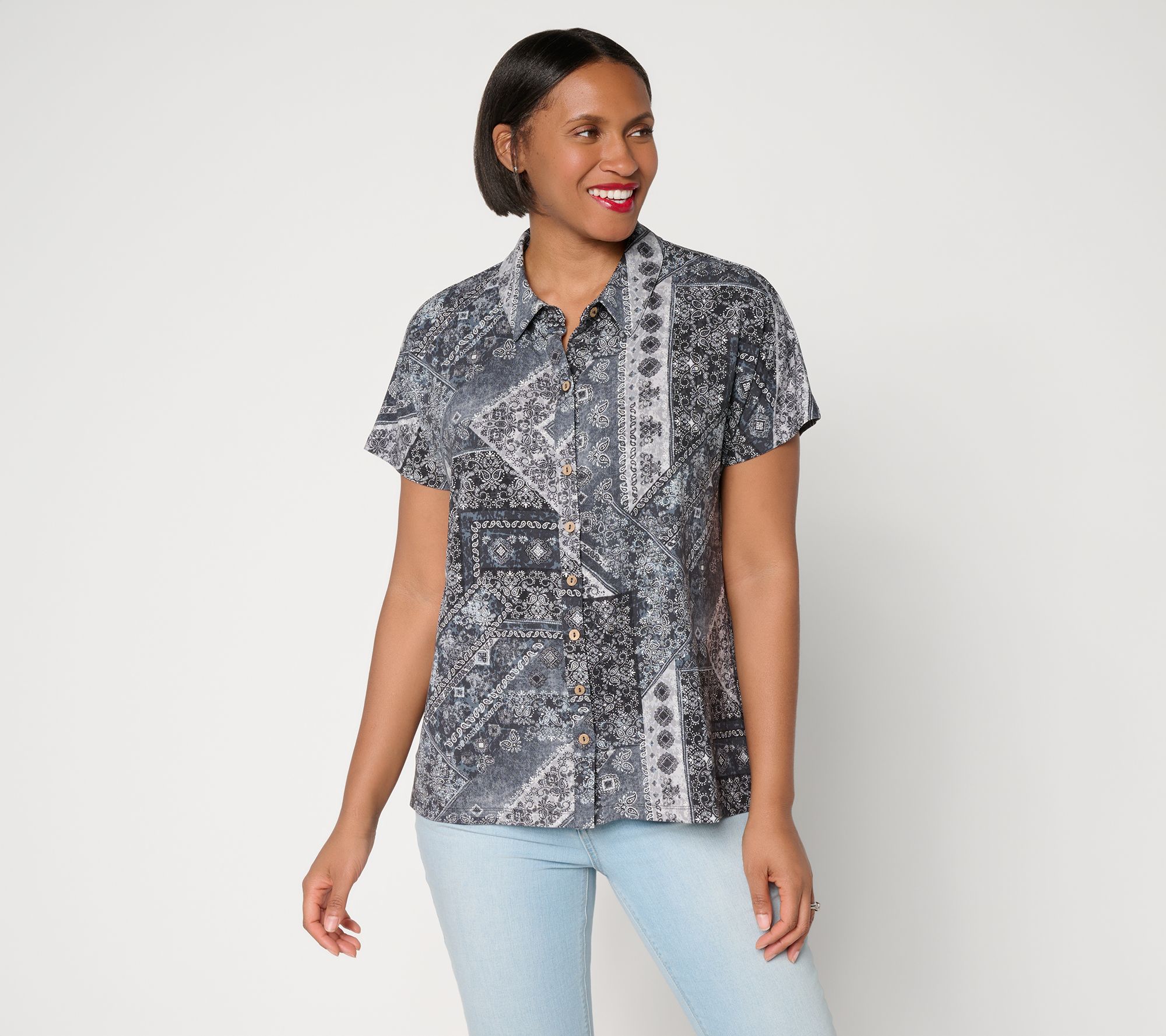 "As Is" Susan Graver Weekend Printed Rayon Allure Knit Button FrontTop
