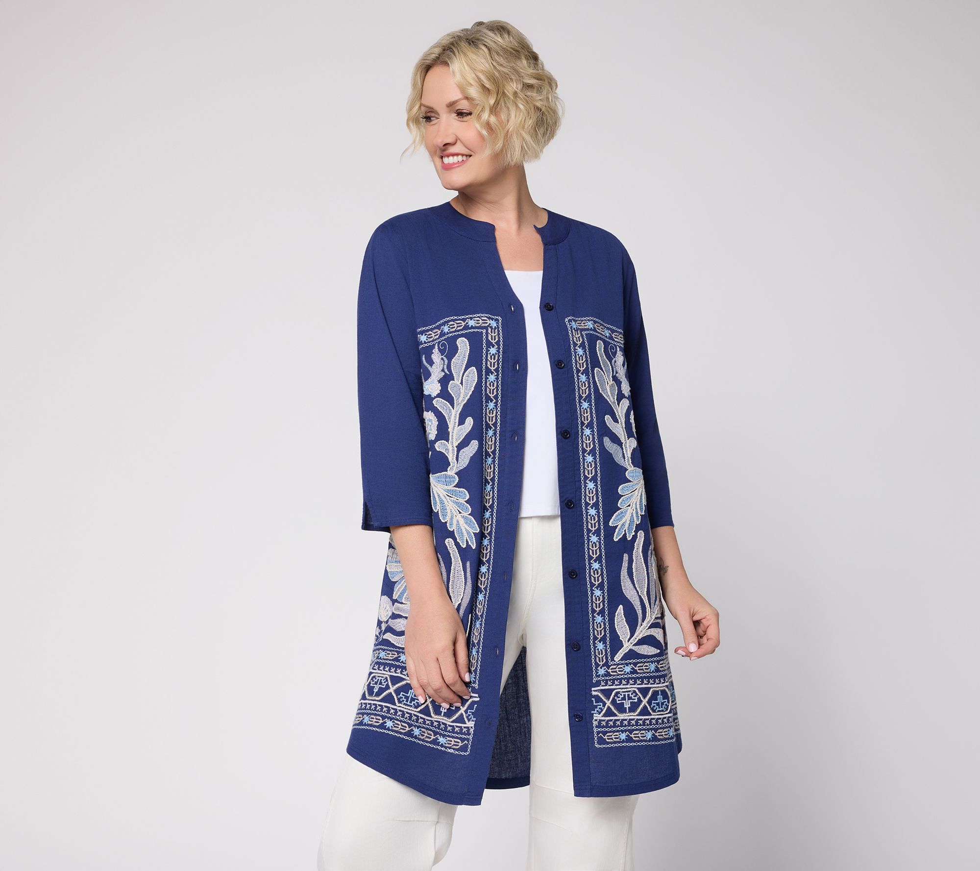 "As Is" LOGO Lavish by Lori Goldstein Reg 3/4 Slv Embroid Duster