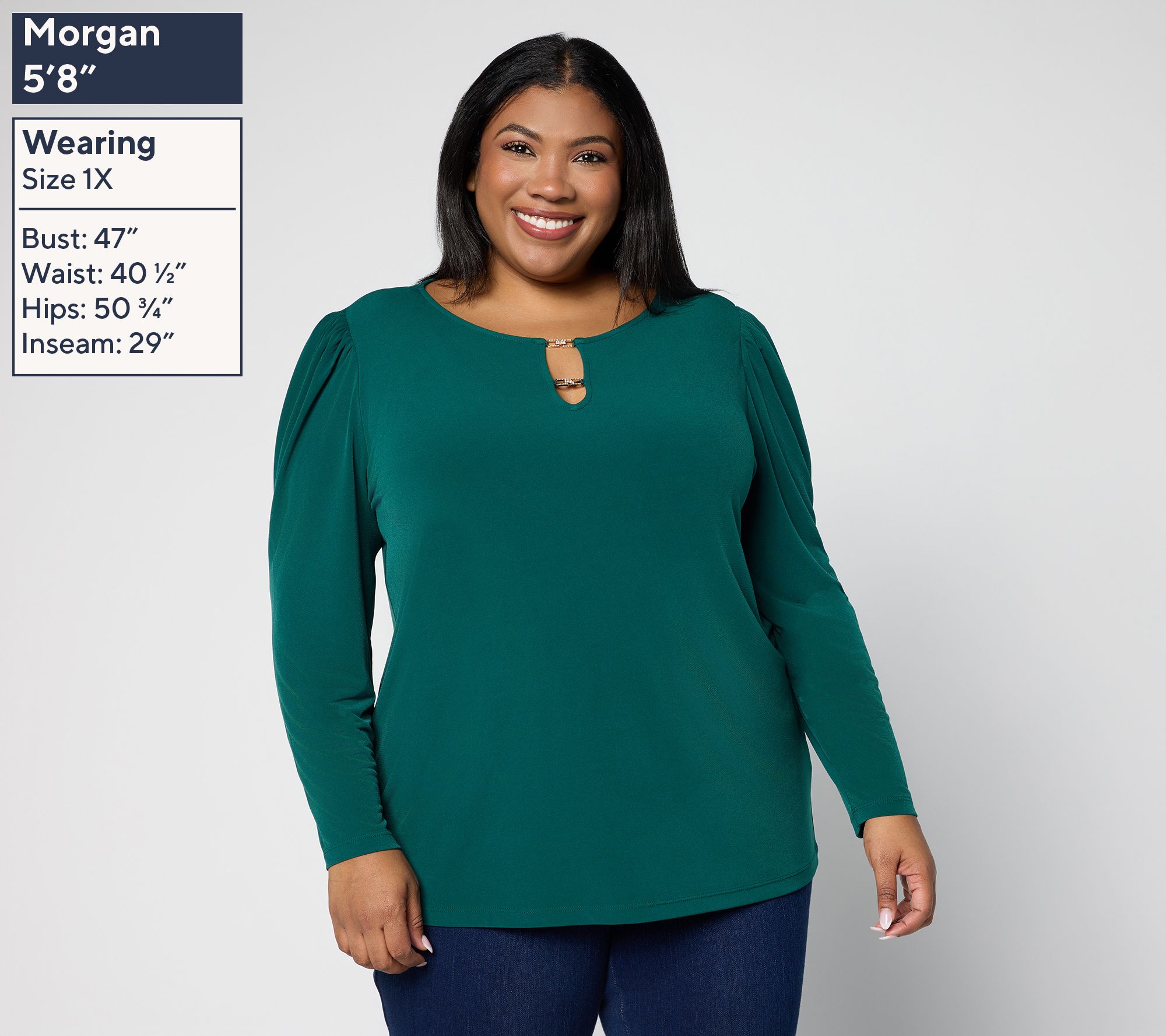 Susan Graver Liquid Knit Long-Sleeve Top w/Embellished Trim Neck