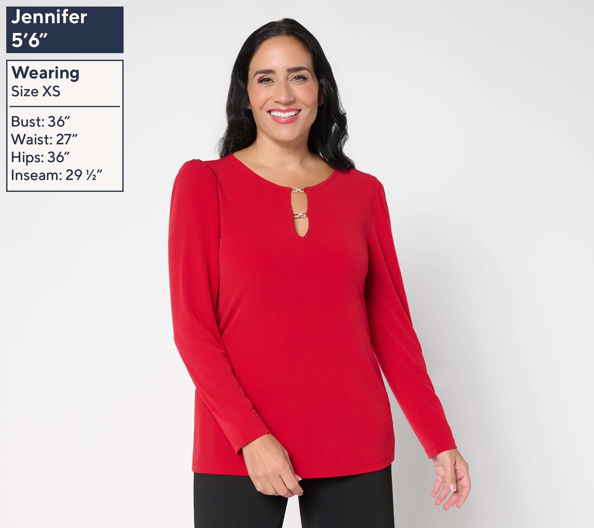 Susan Graver Liquid Knit Long-Sleeve Top w/Embellished Trim Neck