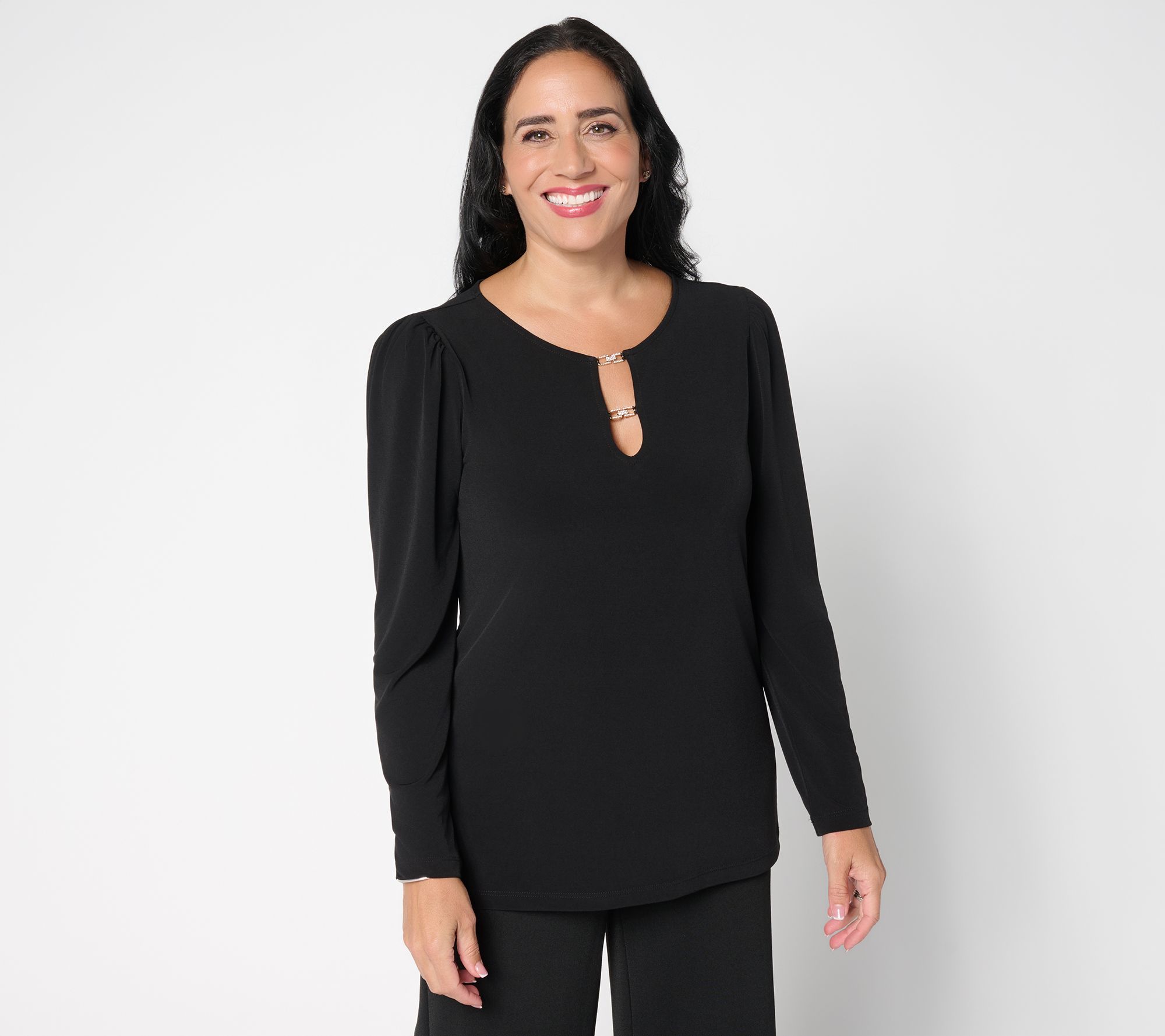 Susan Graver Liquid Knit Long-Sleeve Top w/Embellished Trim Neck