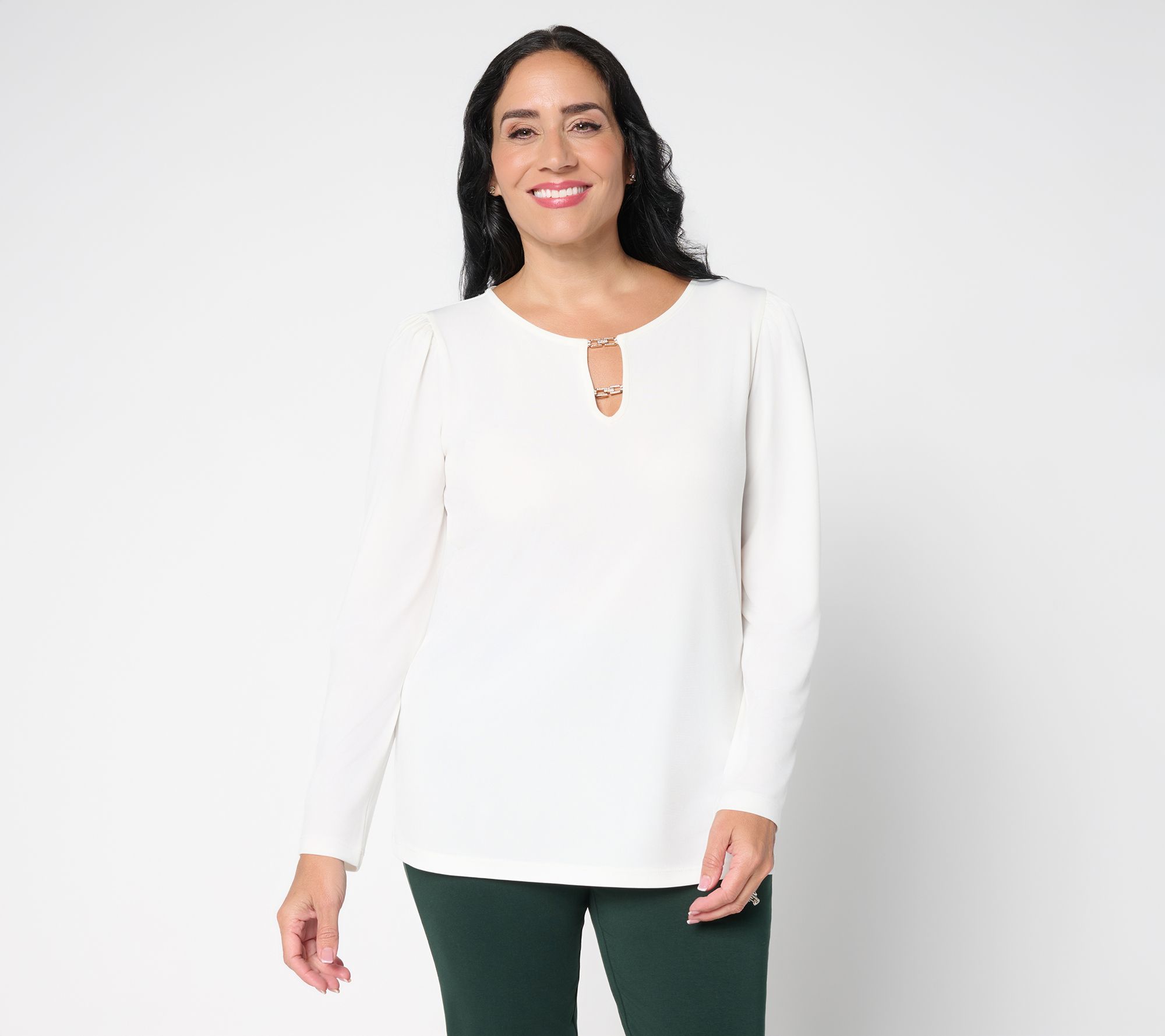 Susan Graver Liquid Knit Long-Sleeve Top w/Embellished Trim Neck