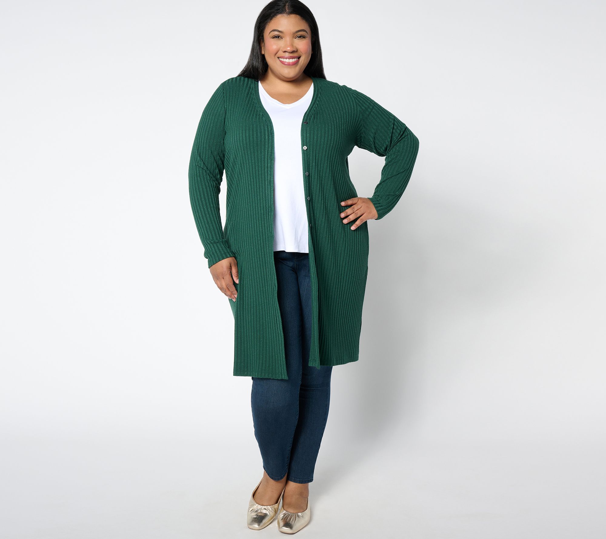 Susan Graver Sweater Rib Knit Button Front Duster Cardigan QVC