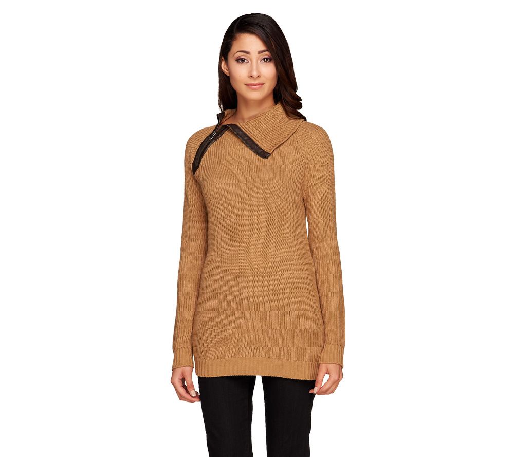 Lisa Rinna Collection Zip Neck Sweater w/ Faux Leather Trim