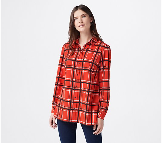 Susan Graver Printed Stretch Woven Button Front Tunic Shirt
