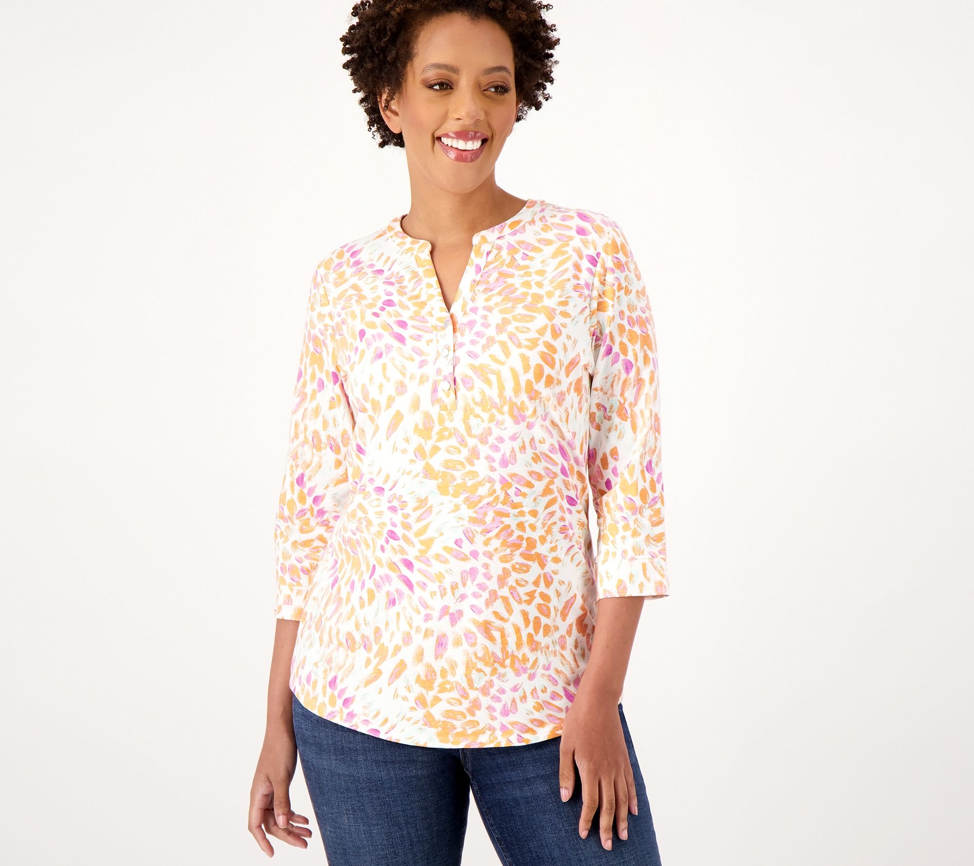 Denim & Co. Textured Knit 3/4-Sleeve Y-Neck Henley Top