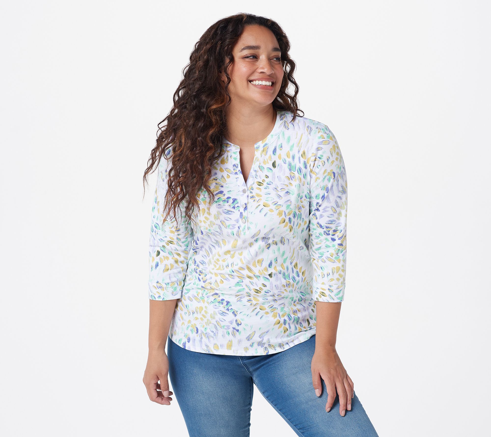 Denim & Co. Textured Knit 3/4-Sleeve Y-Neck Henley Top