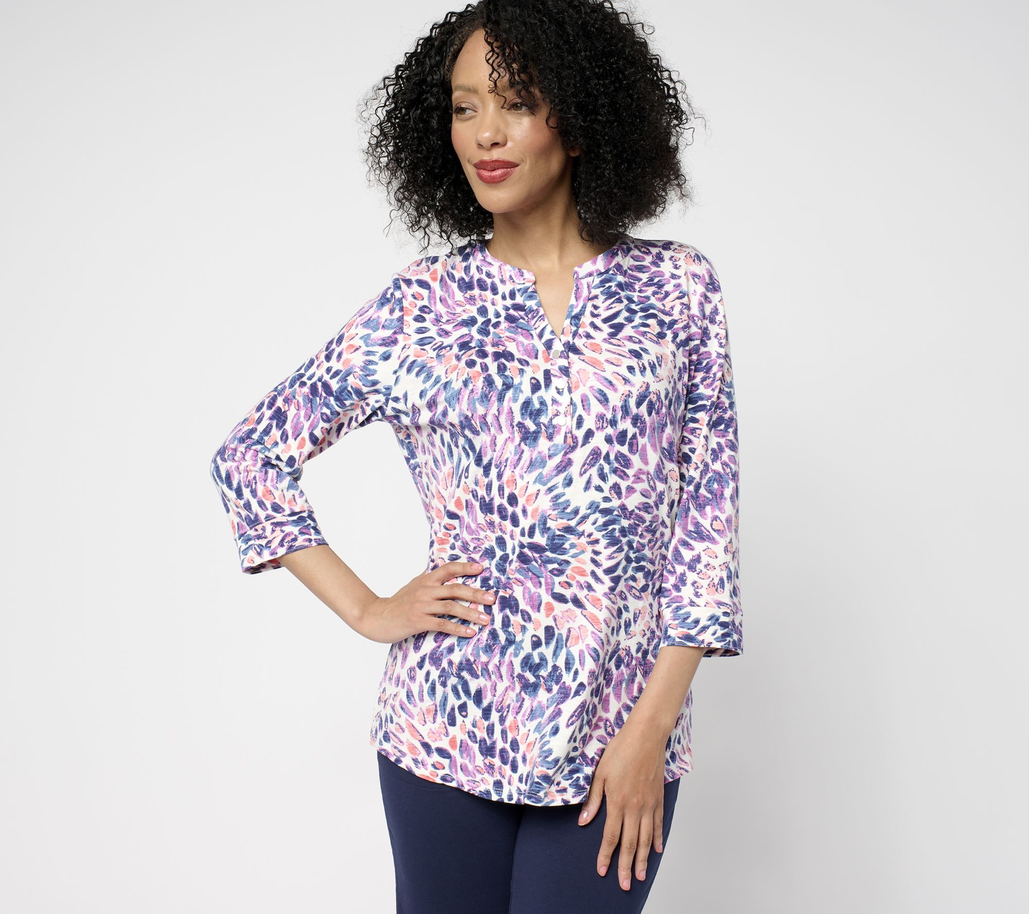 Denim & Co. Textured Knit 3/4-Sleeve Y-Neck Henley Top